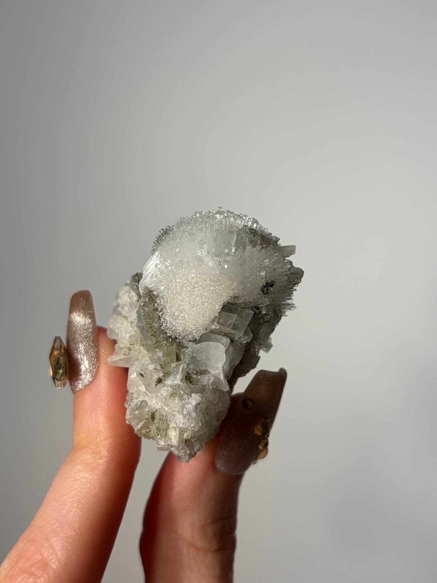 “Snow Globe” Natrolite Specimen with Quartz, Rhombohedral Calcite, Apophyllite and Stilbite J