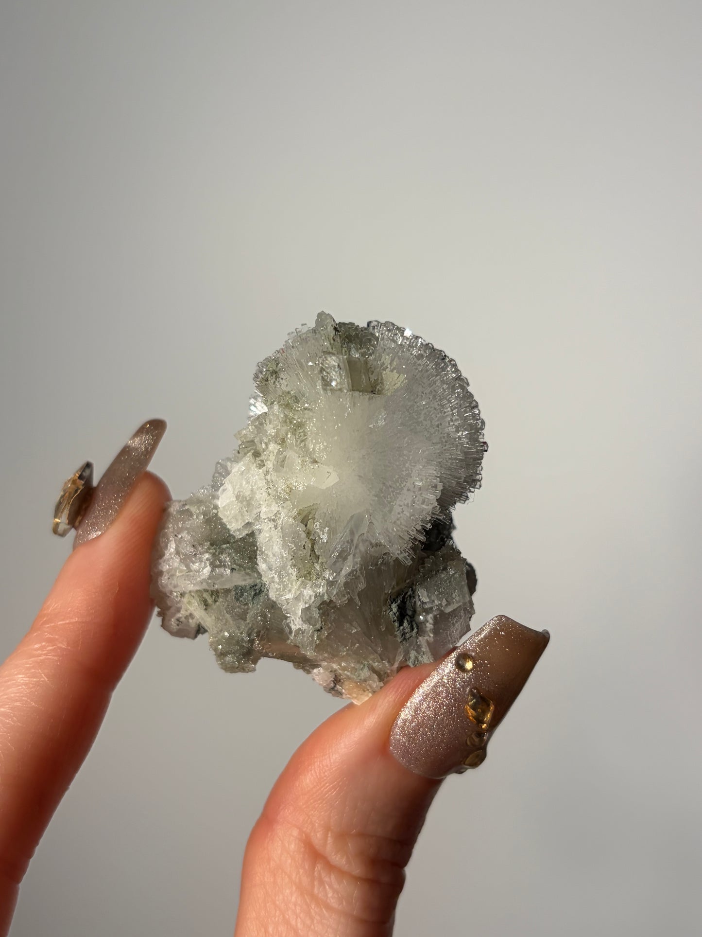 “Snow Globe” Natrolite Specimen with Quartz, Rhombohedral Calcite, Apophyllite and Stilbite J