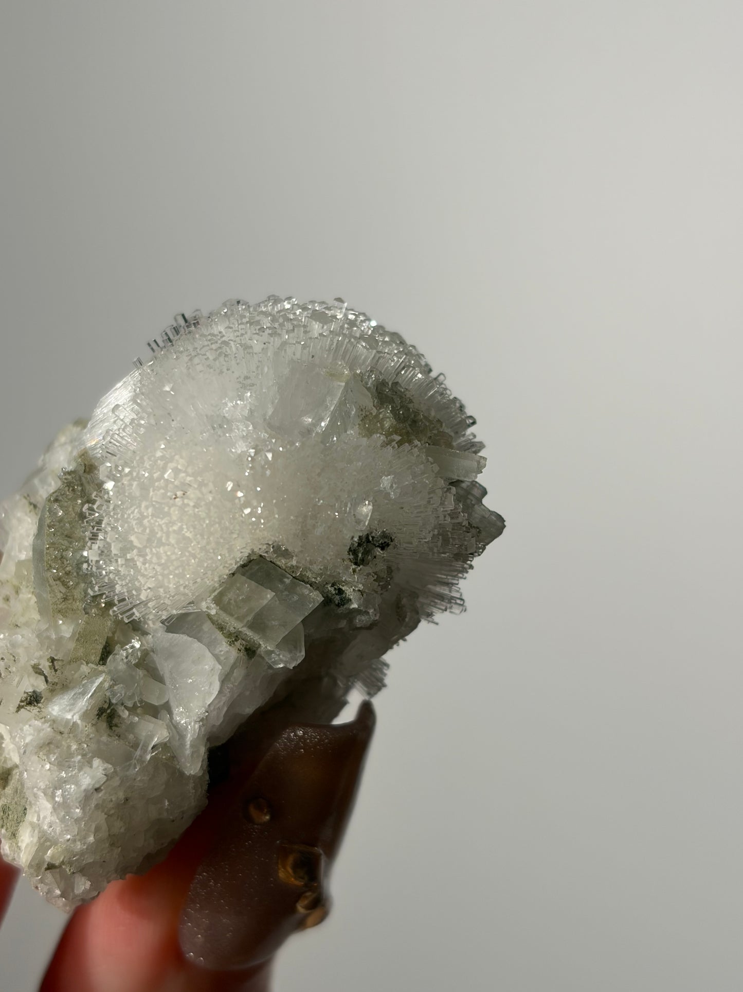 “Snow Globe” Natrolite Specimen with Quartz, Rhombohedral Calcite, Apophyllite and Stilbite J