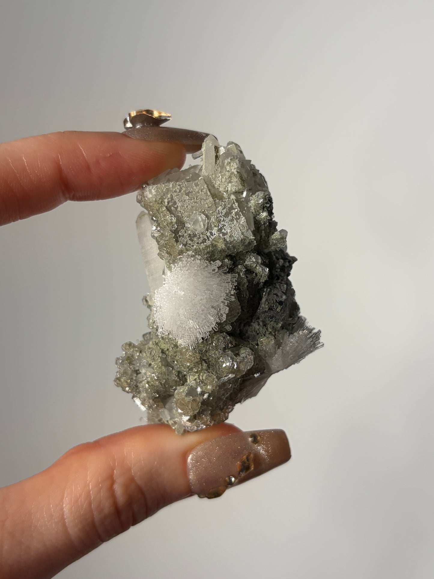 “Pole Star” Bowtie Natrolite Specimen with Quartz and Apophyllite Coated Rhombohedral Calcite K