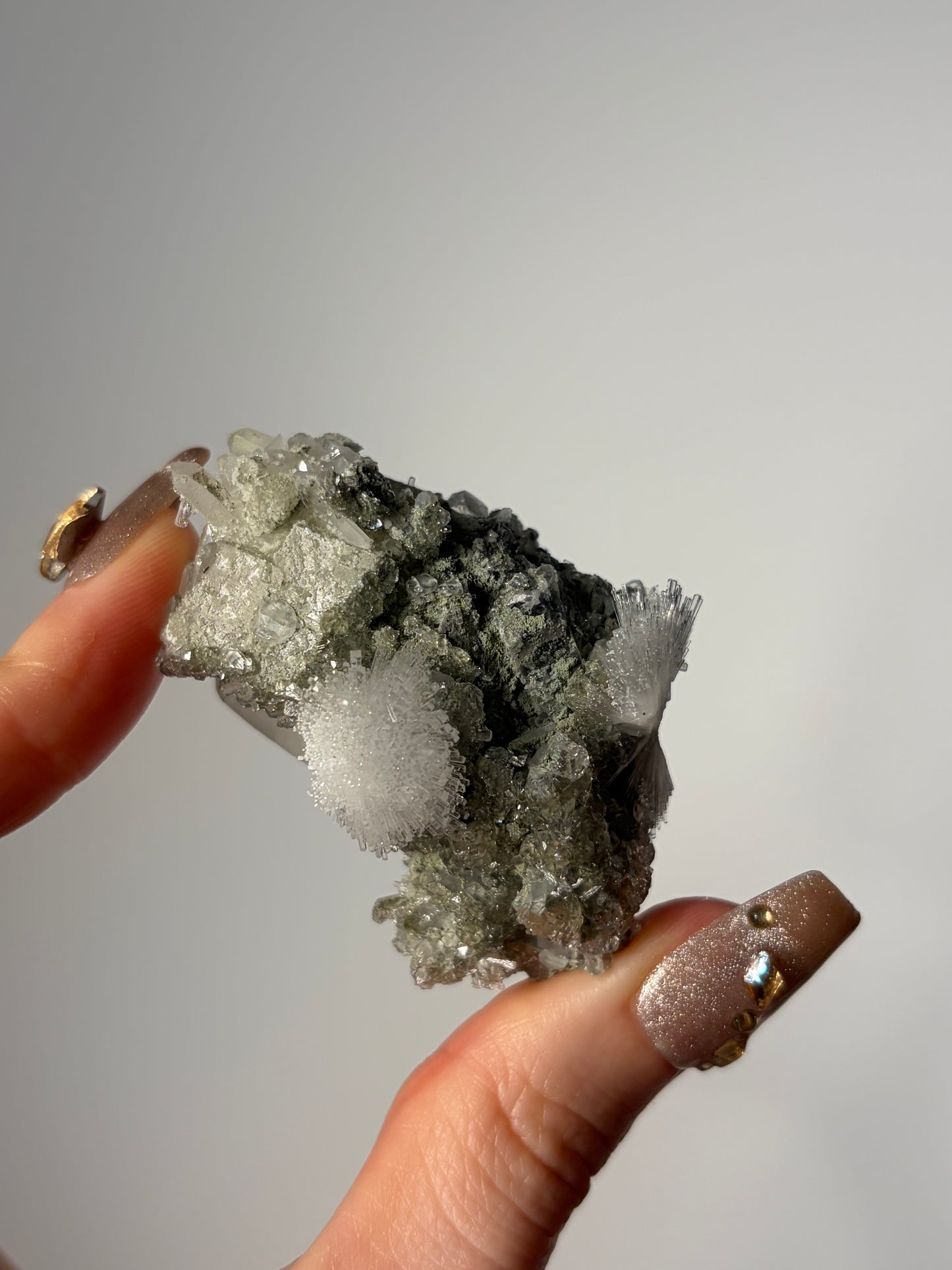 “Pole Star” Bowtie Natrolite Specimen with Quartz and Apophyllite Coated Rhombohedral Calcite K