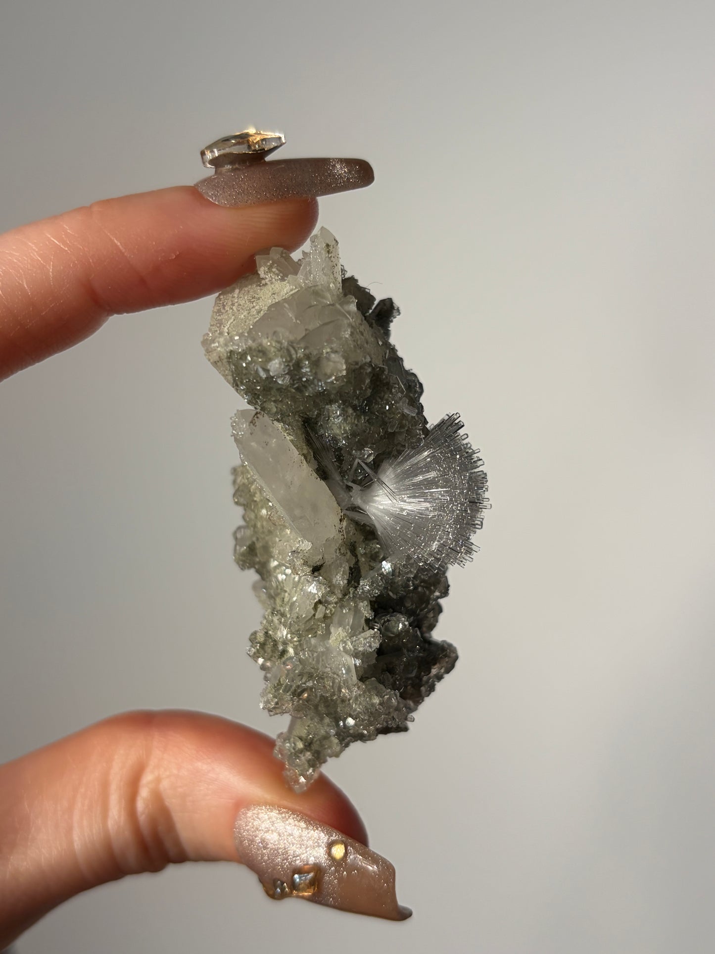 “Pole Star” Bowtie Natrolite Specimen with Quartz and Apophyllite Coated Rhombohedral Calcite K