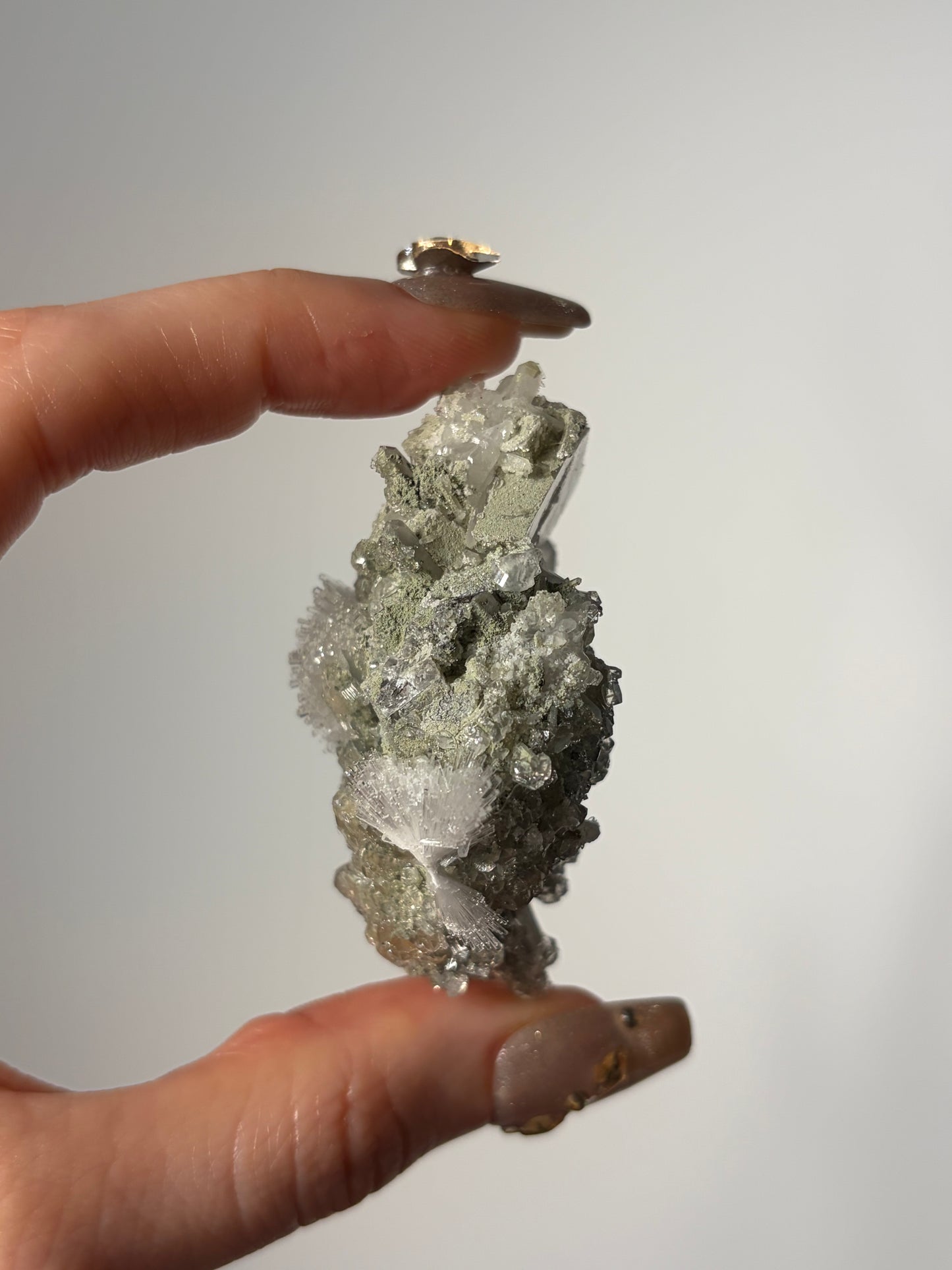 “Pole Star” Bowtie Natrolite Specimen with Quartz and Apophyllite Coated Rhombohedral Calcite K