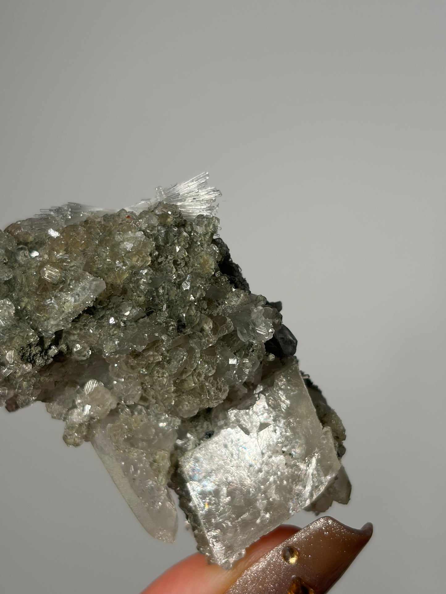 “Pole Star” Bowtie Natrolite Specimen with Quartz and Apophyllite Coated Rhombohedral Calcite K