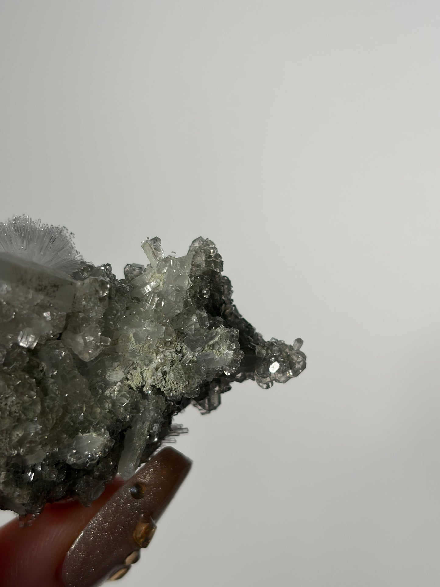 “Pole Star” Bowtie Natrolite Specimen with Quartz and Apophyllite Coated Rhombohedral Calcite K