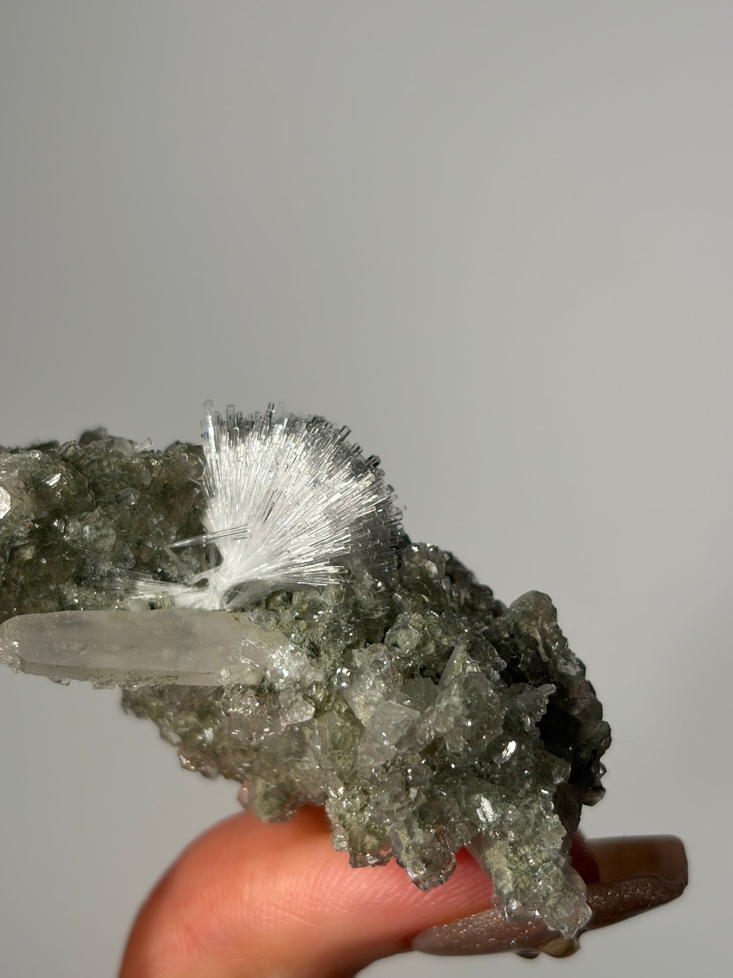“Pole Star” Bowtie Natrolite Specimen with Quartz and Apophyllite Coated Rhombohedral Calcite K