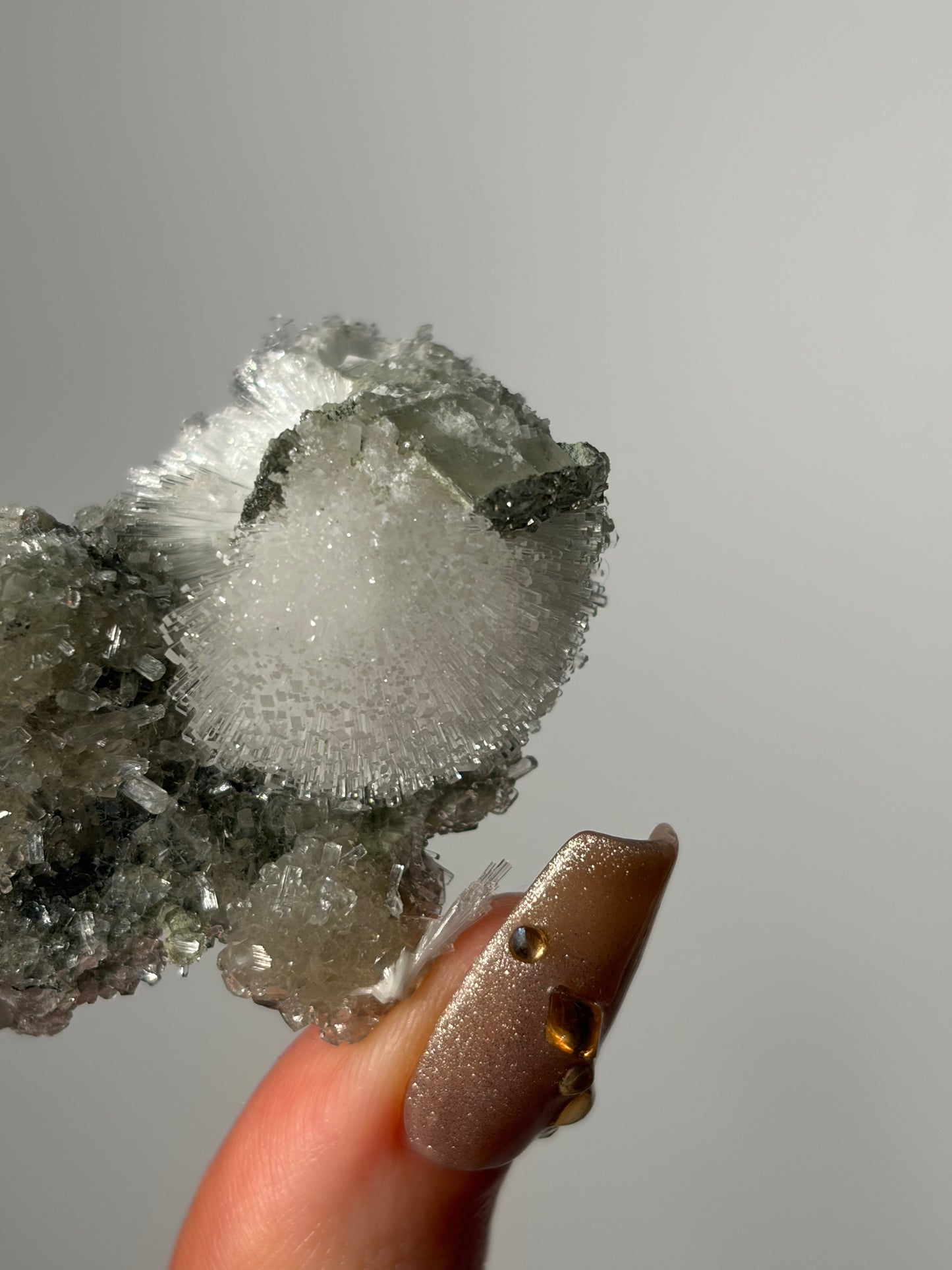Natrolite Specimen with Quartz and Apophyllite Coated Rhombohedral Calcite M