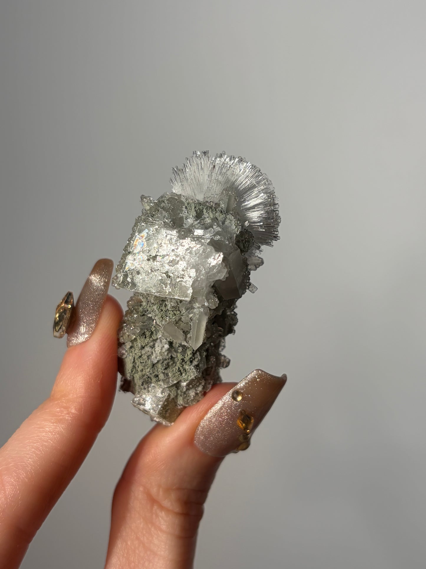 Natrolite Specimen with Stilbite & Apophyllite Coated Quartz and Rhombohedral Calcite R