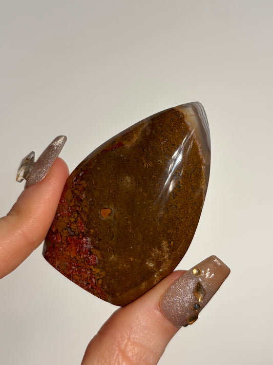 Nebula Agate Flame Carving with Red Moss Inclusions C