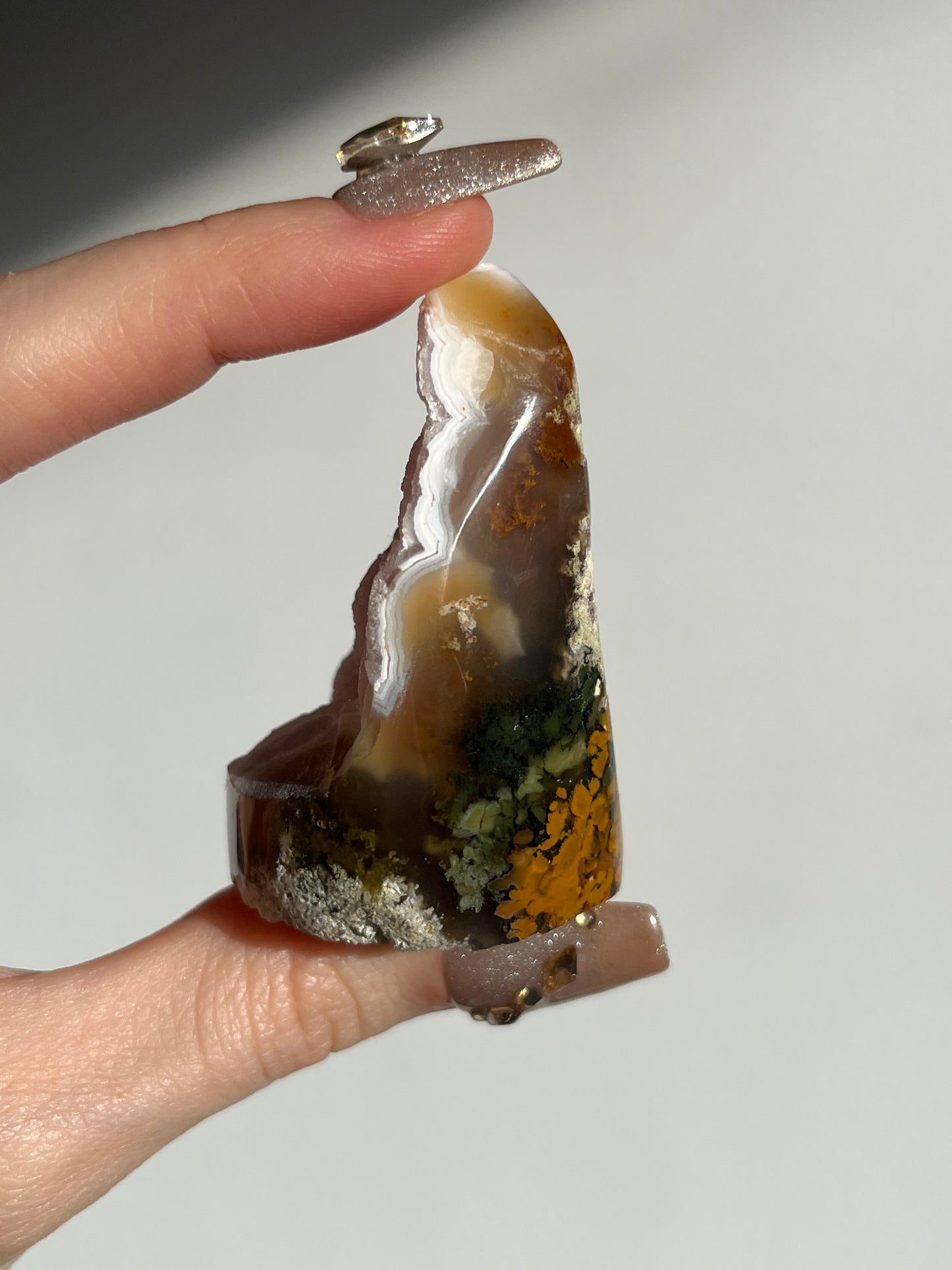Druzy Nebula Agate Standing Freeform with Multicoloured Moss Inclusions F