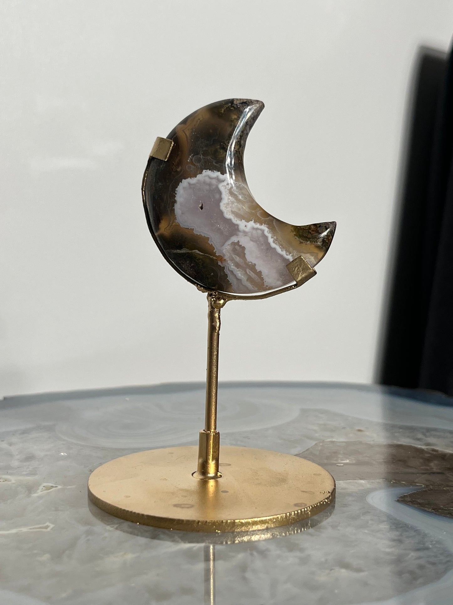 "Celestial Rift" Jelly Orbicular Nebula Agate with Amethyst Miniature Moon Carving on Stand