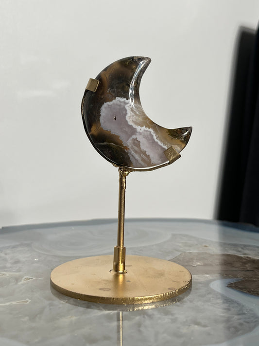 "Celestial Rift" Jelly Orbicular Nebula Agate with Amethyst Miniature Moon Carving on Stand