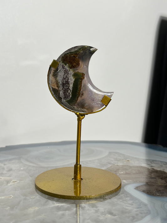 "Traverse" Nebula Agate with Amethyst Miniature Moon Carving on Stand