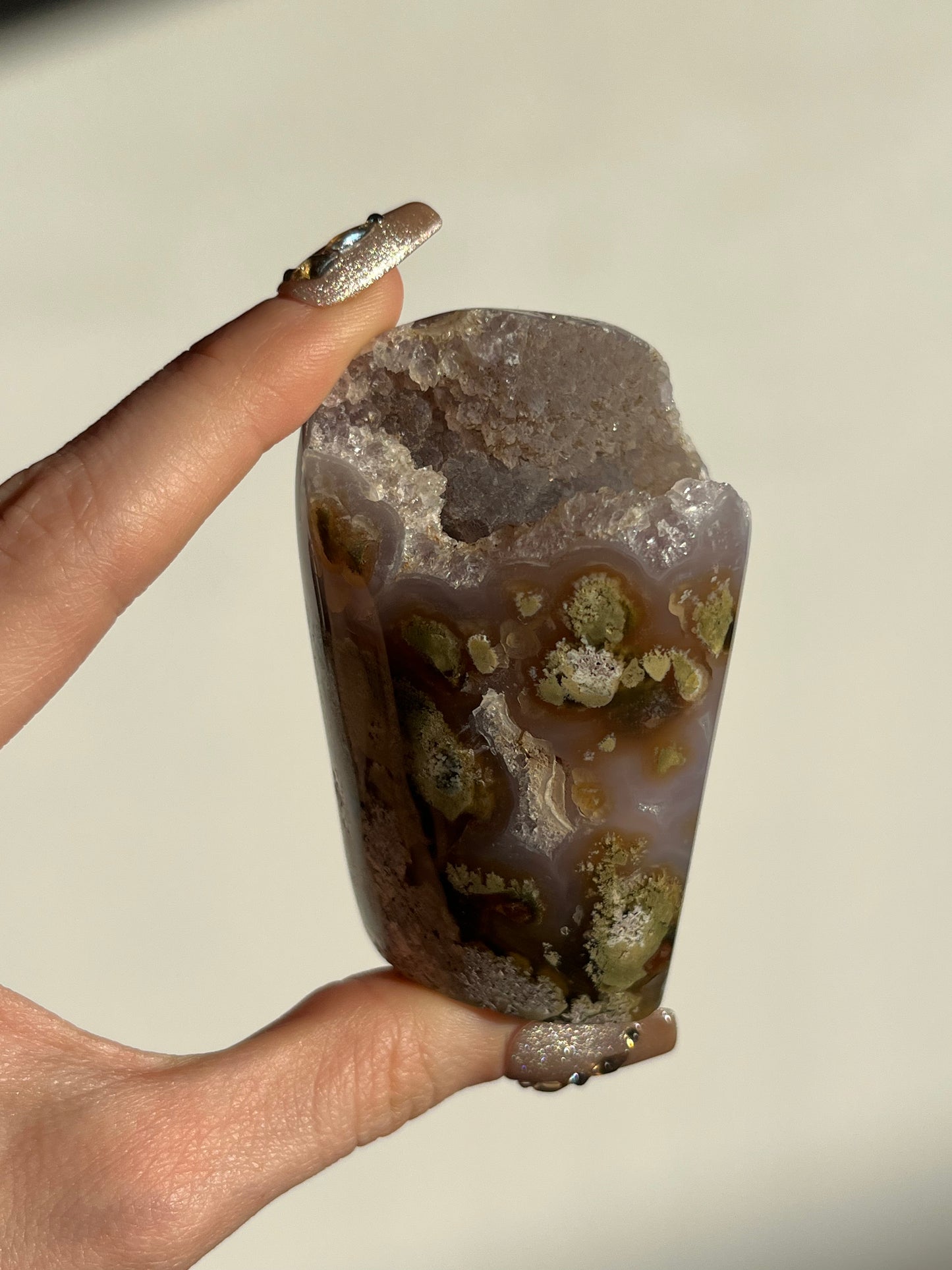 ‘Amazon’ Nebula Agate and Scenic Moss with Purple Chalcedony Standing Freeform
