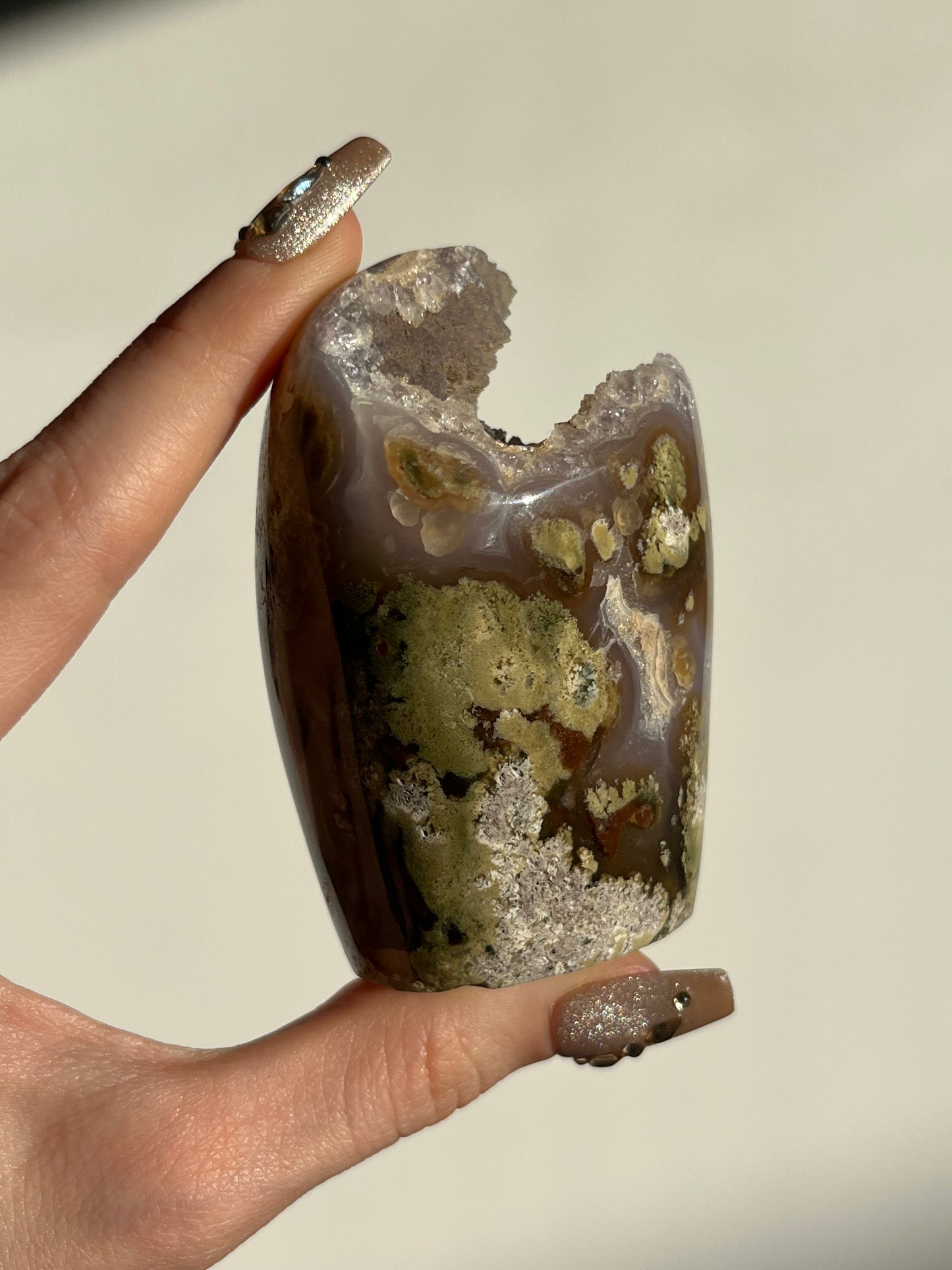 ‘Amazon’ Nebula Agate and Scenic Moss with Purple Chalcedony Standing Freeform