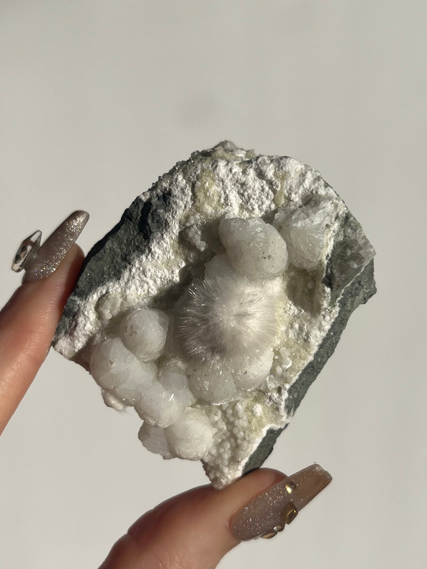 Okenite with Gyrolite on Basalt Specimen A