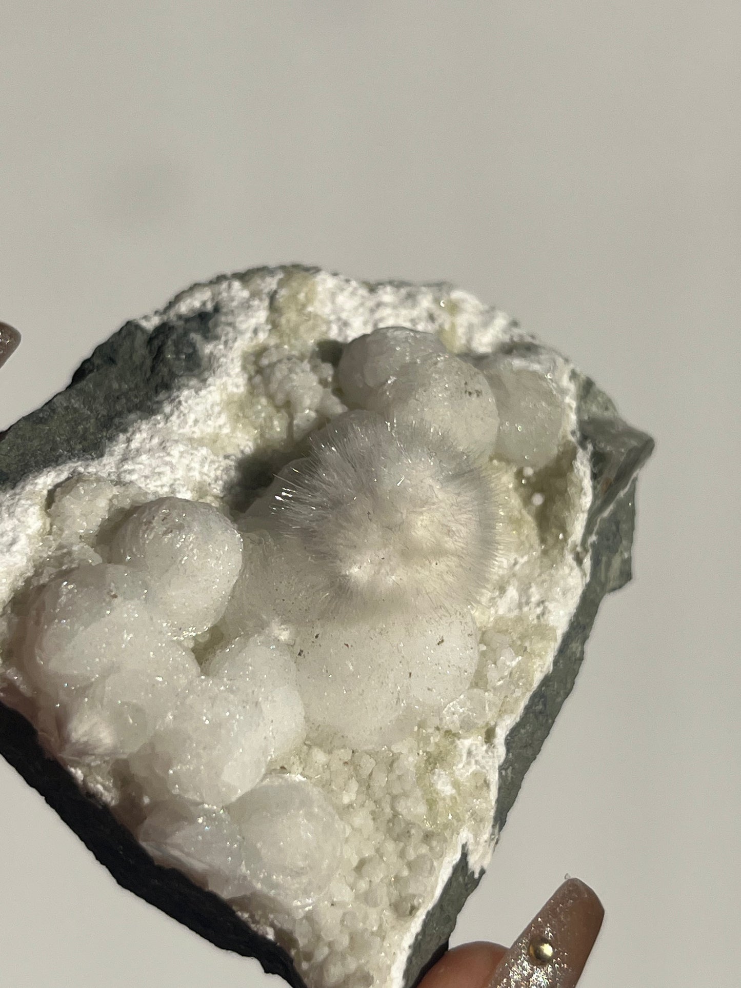 Okenite with Gyrolite on Basalt Specimen A