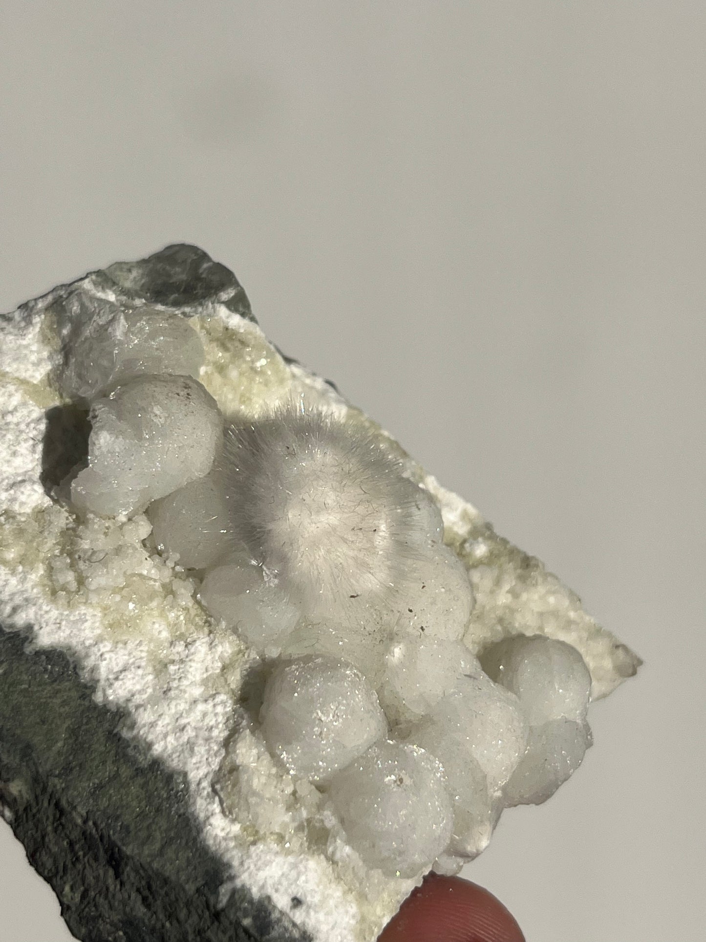 Okenite with Gyrolite on Basalt Specimen A