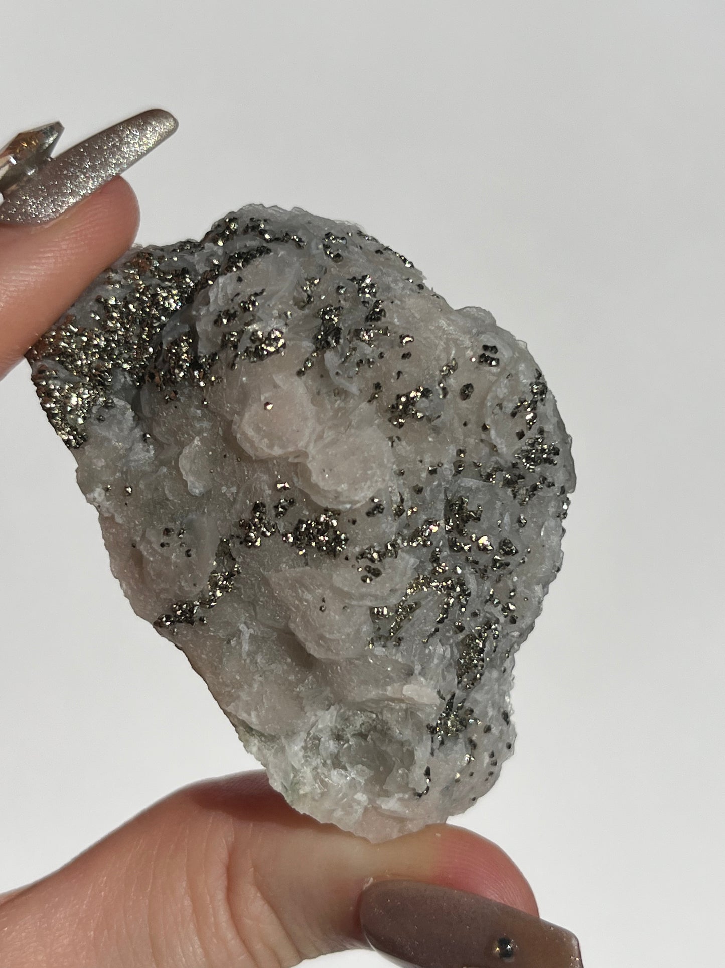 Pyrite Dusted Pink Coin Calcite Specimen (UV Reactive)