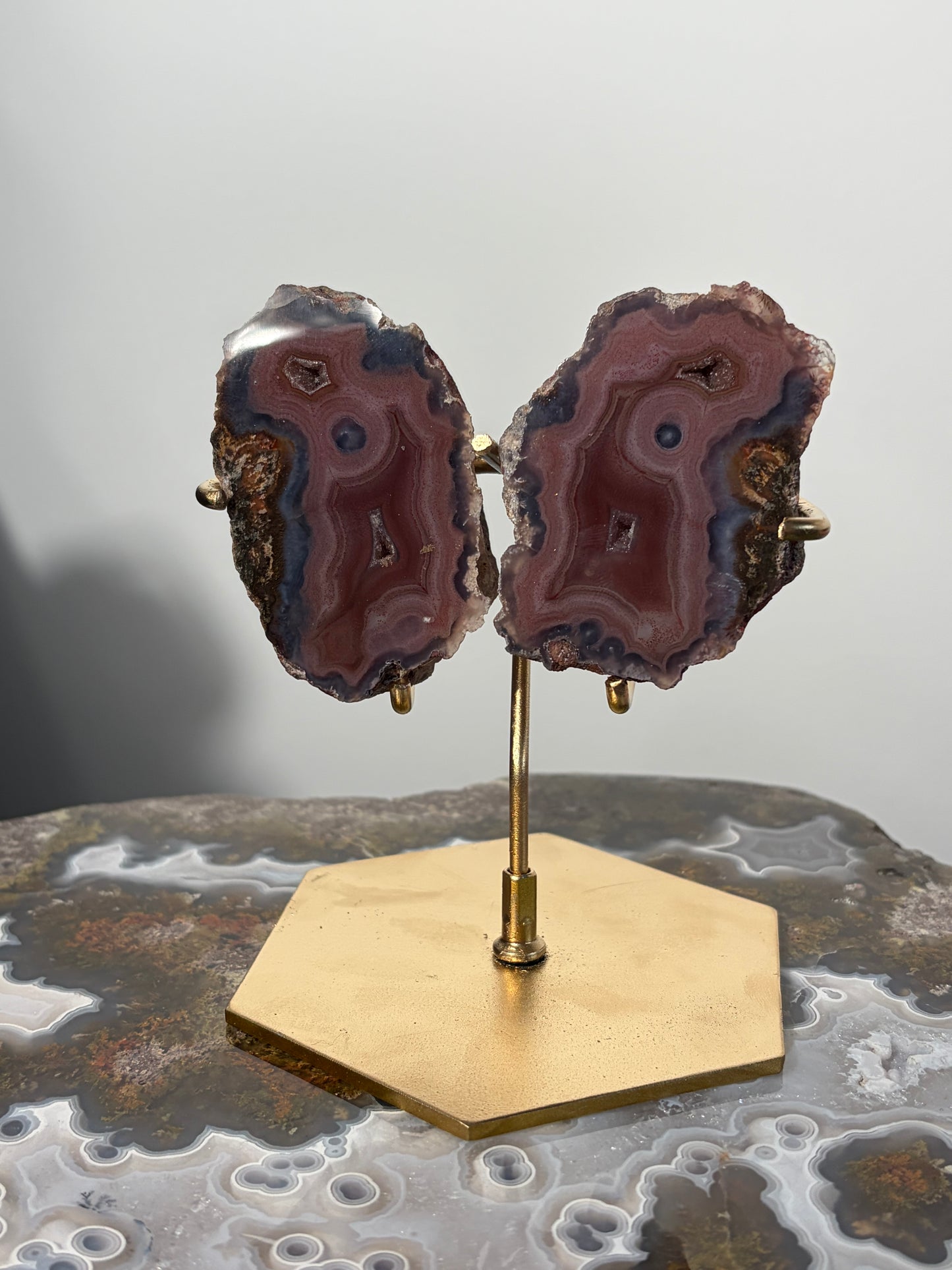 "Velour Sisters" Pink & Purple Banded Laguna Agate Pair on Custom Display Stand