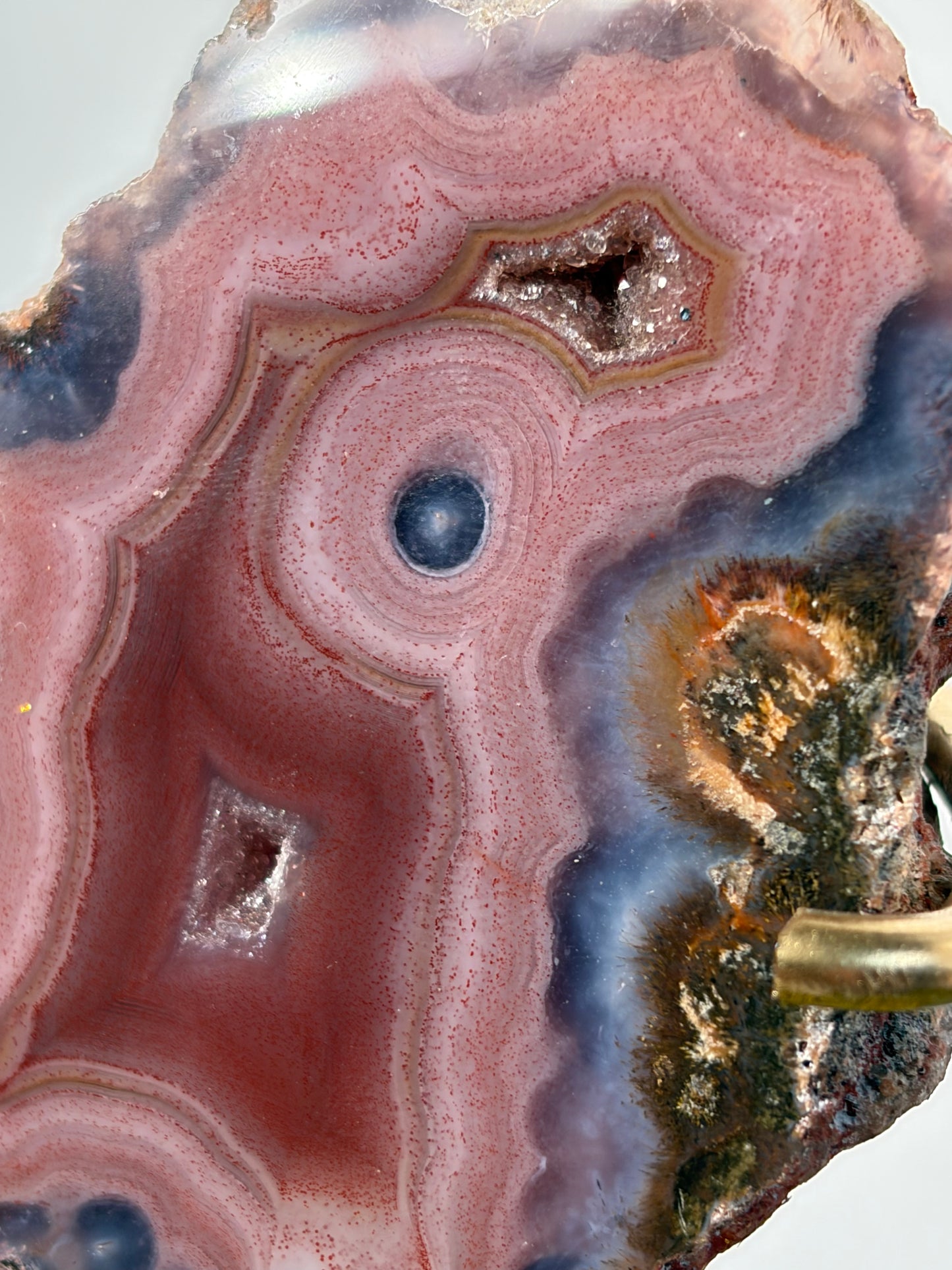 "Velour Sisters" Pink & Purple Banded Laguna Agate Pair on Custom Display Stand