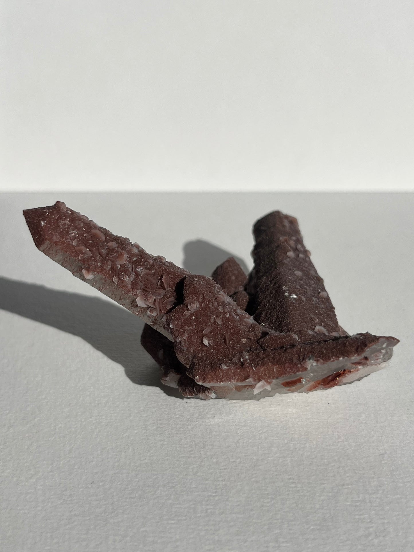 Pink Sakura Blossom Calcite on Dusty Red Coated Quartz Specimen D