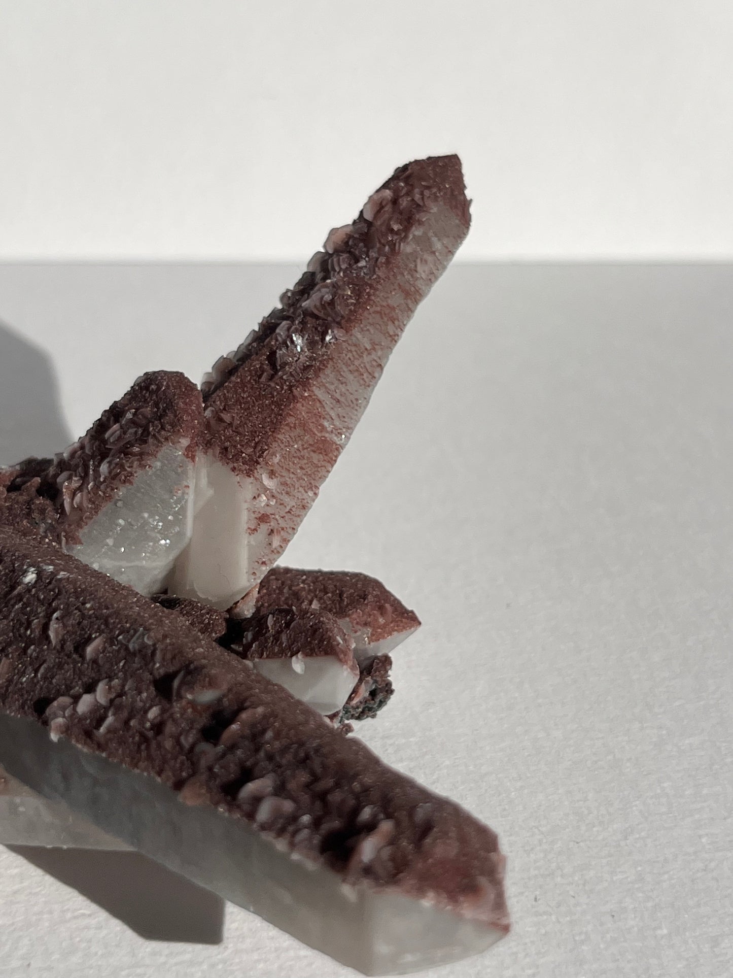 Pink Sakura Blossom Calcite on Dusty Red Coated Quartz Specimen D