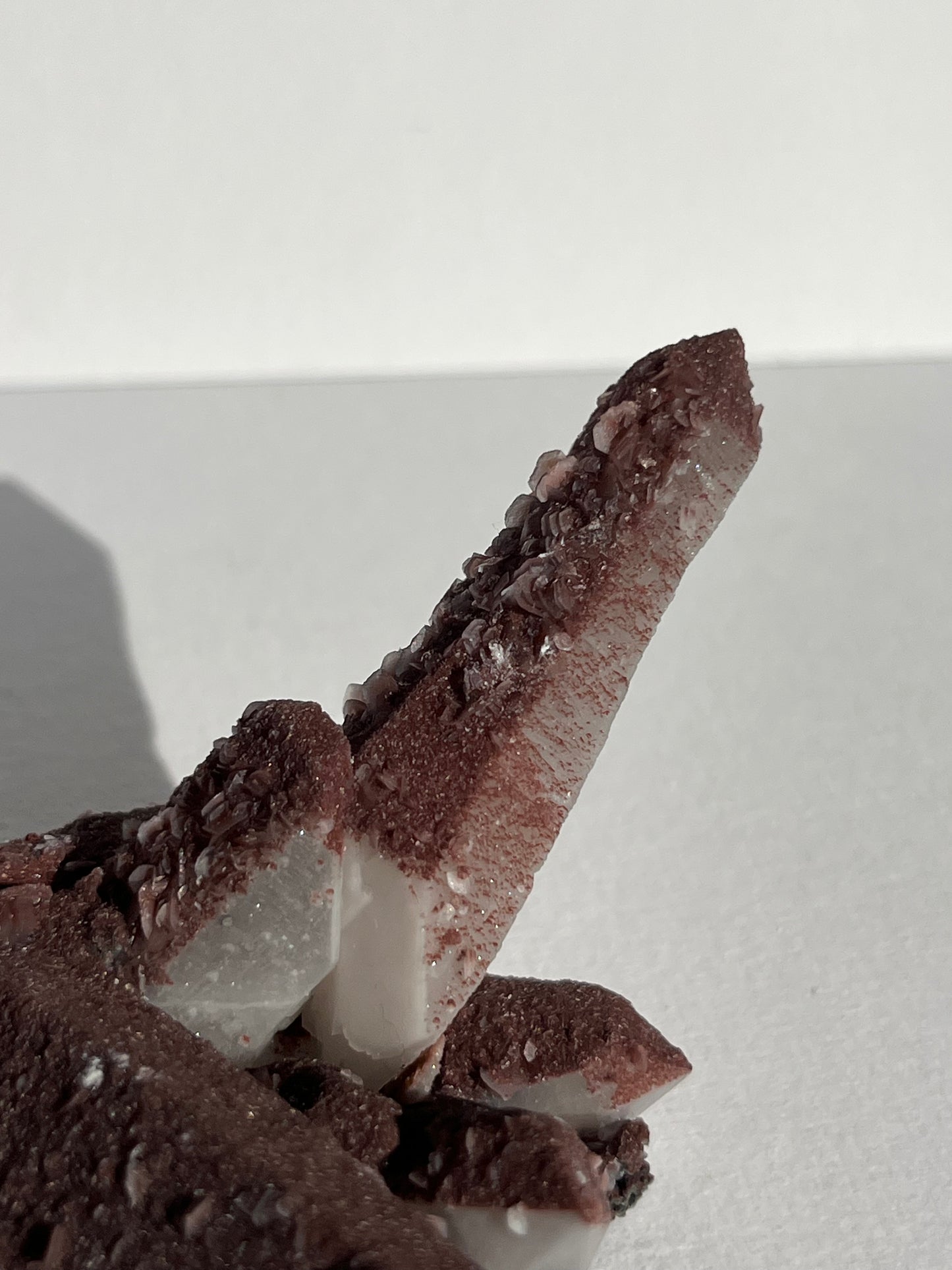 Pink Sakura Blossom Calcite on Dusty Red Coated Quartz Specimen D