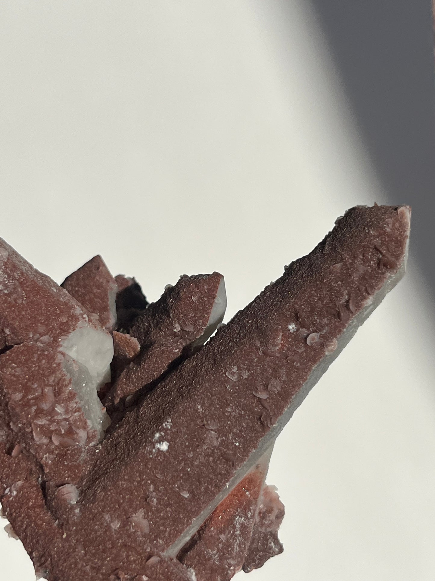 Pink Sakura Blossom Calcite on Dusty Red Coated Quartz Specimen D