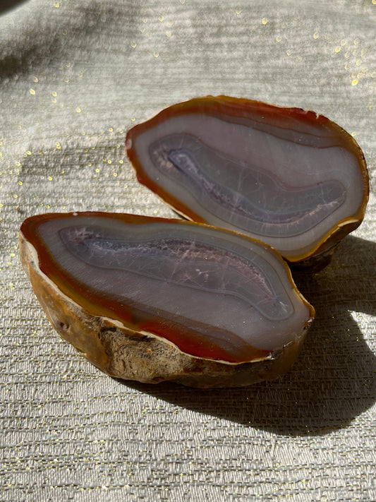 “Pastello” Pink West Indonesian Agate Pair with Amethyst Centre