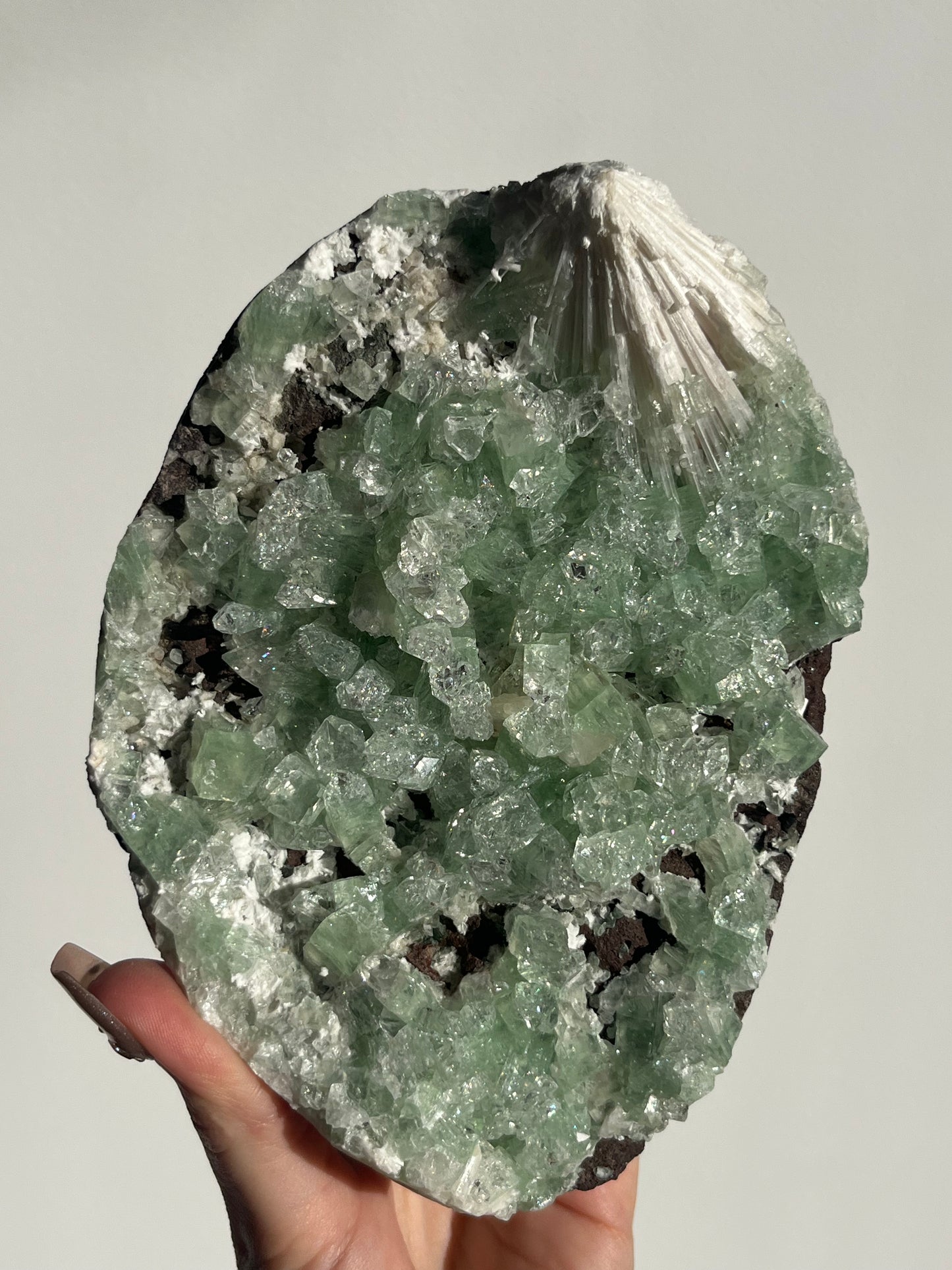 Pointed Green Apophyllite with Scolecite Spray Specimen A