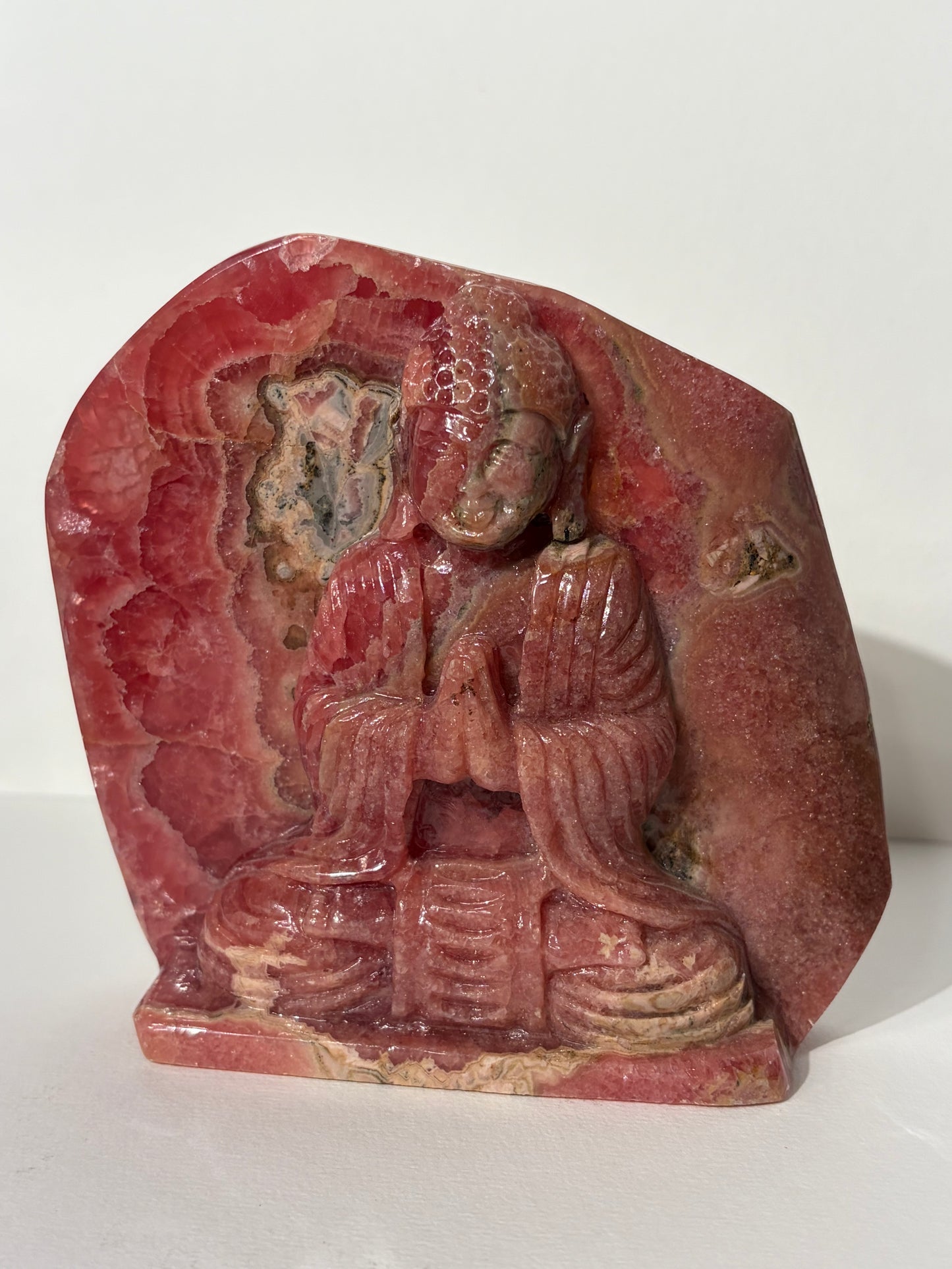“Heart-Centred” Gemmy Rhodochrosite Seated Buddha Carvinge