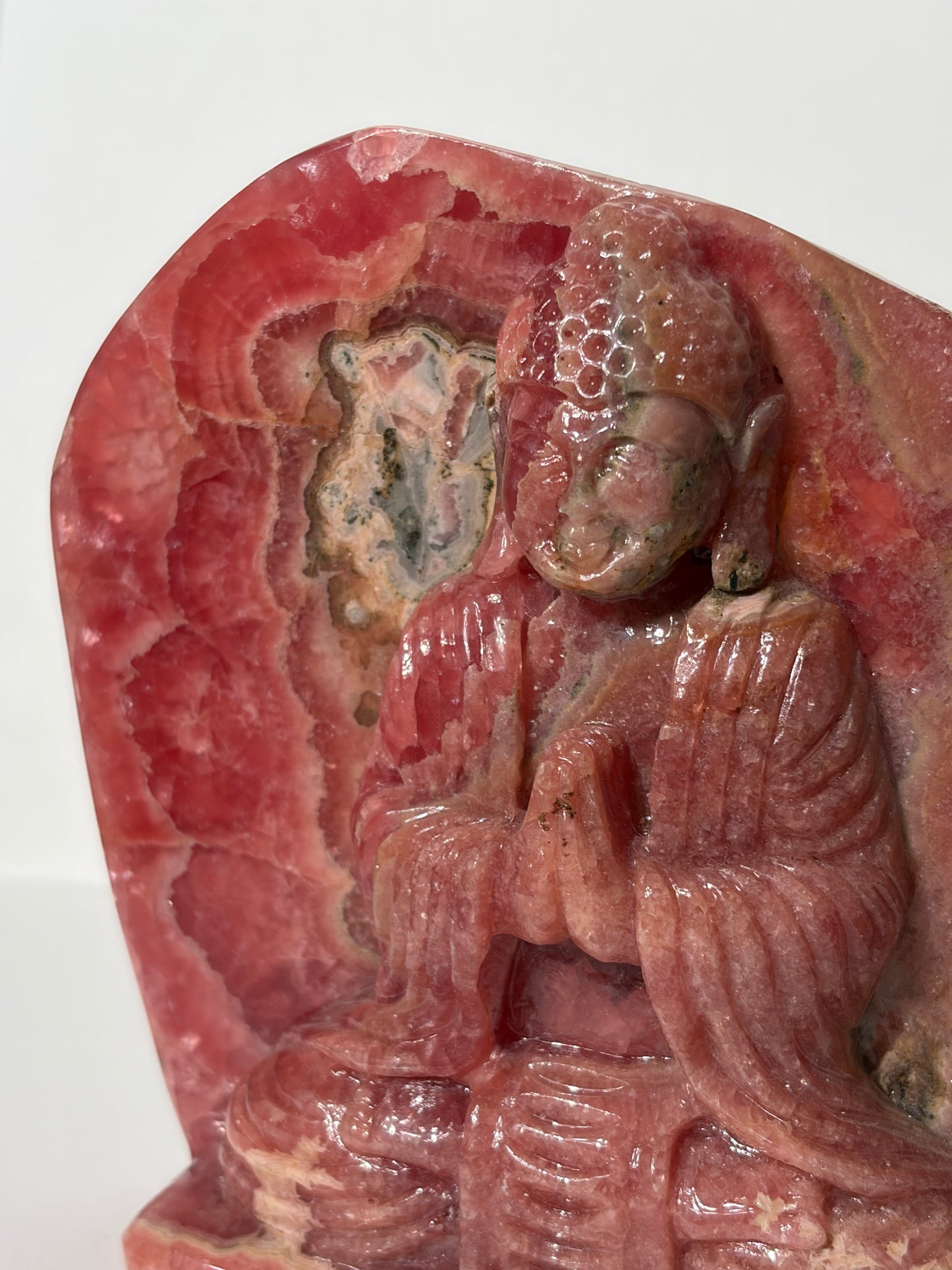 “Heart-Centred” Gemmy Rhodochrosite Seated Buddha Carvinge