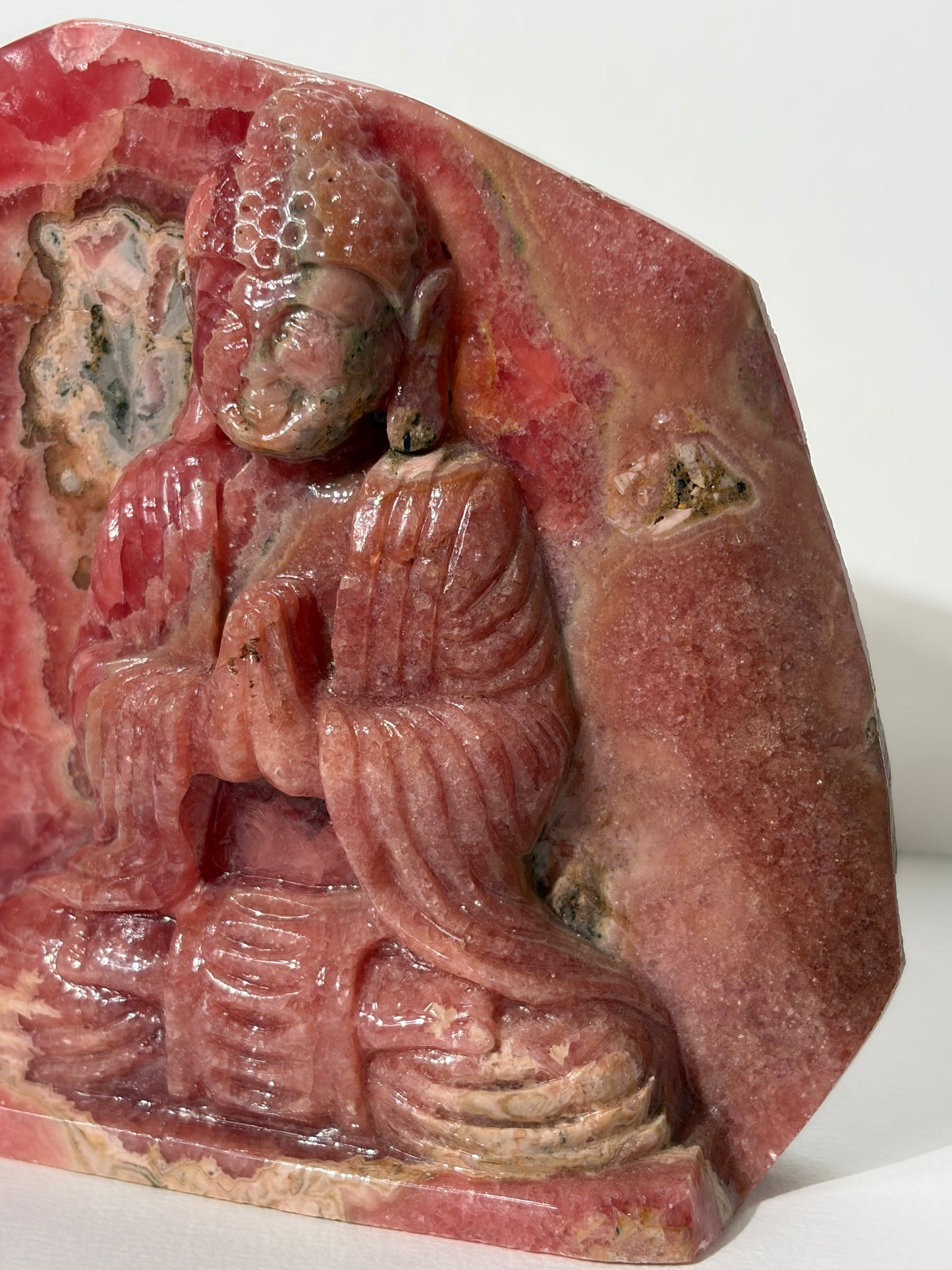 “Heart-Centred” Gemmy Rhodochrosite Seated Buddha Carvinge