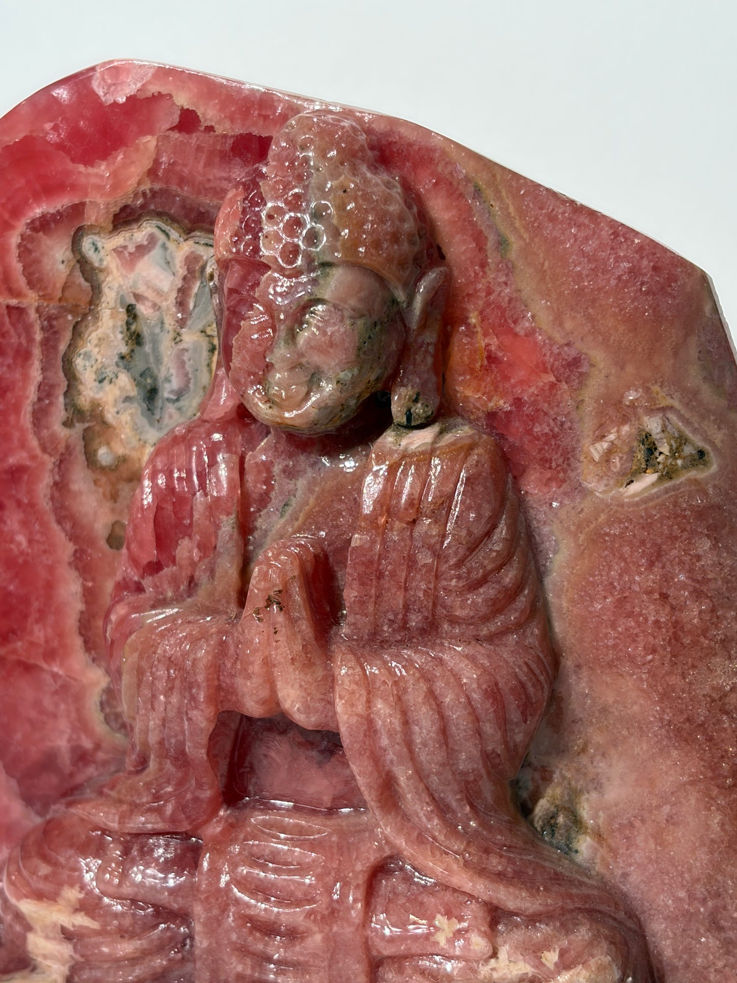 “Heart-Centred” Gemmy Rhodochrosite Seated Buddha Carvinge
