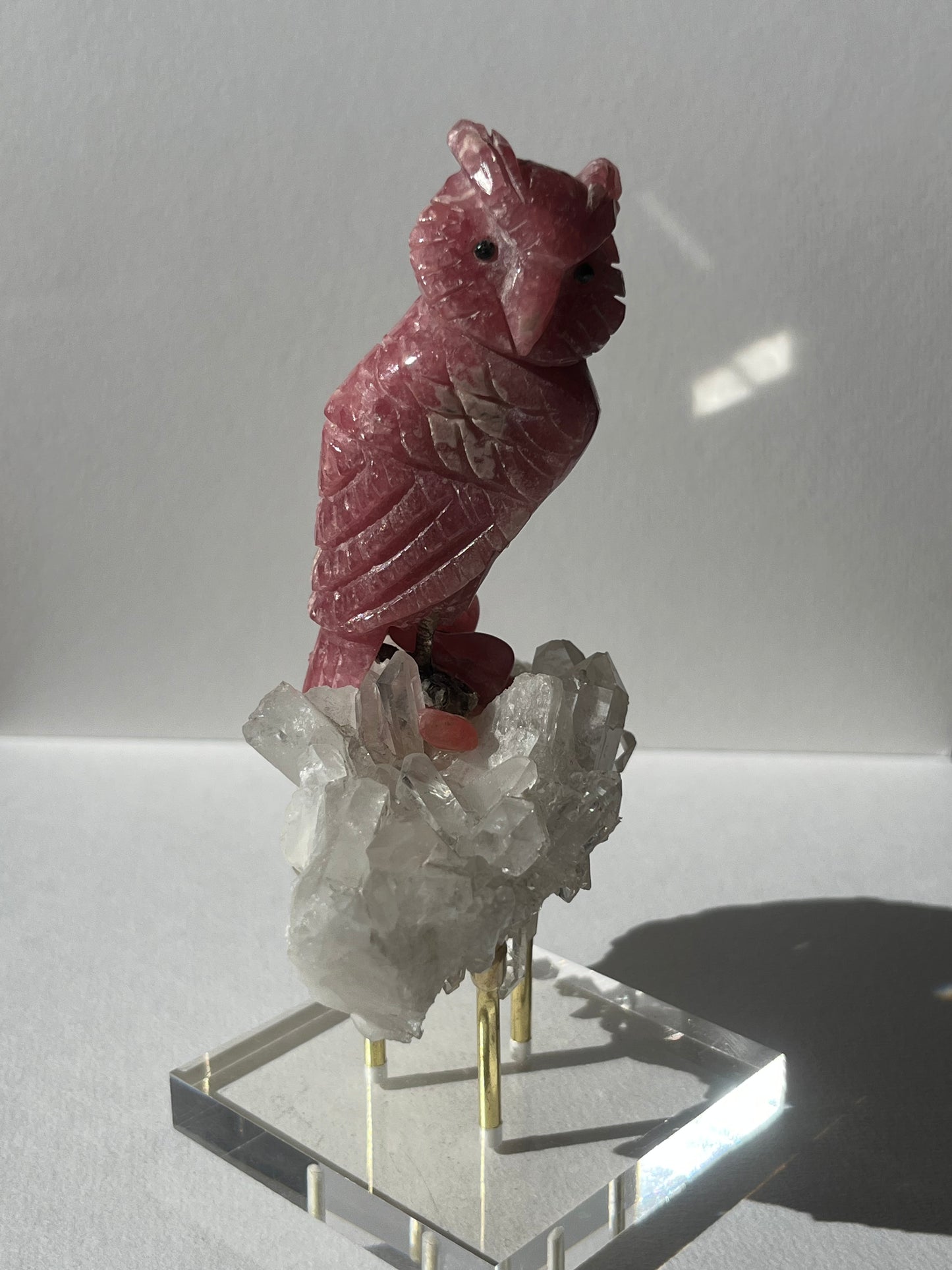 “Uatu” Gemmy Rhodochrosite Owl Carving on Quartz Cluster