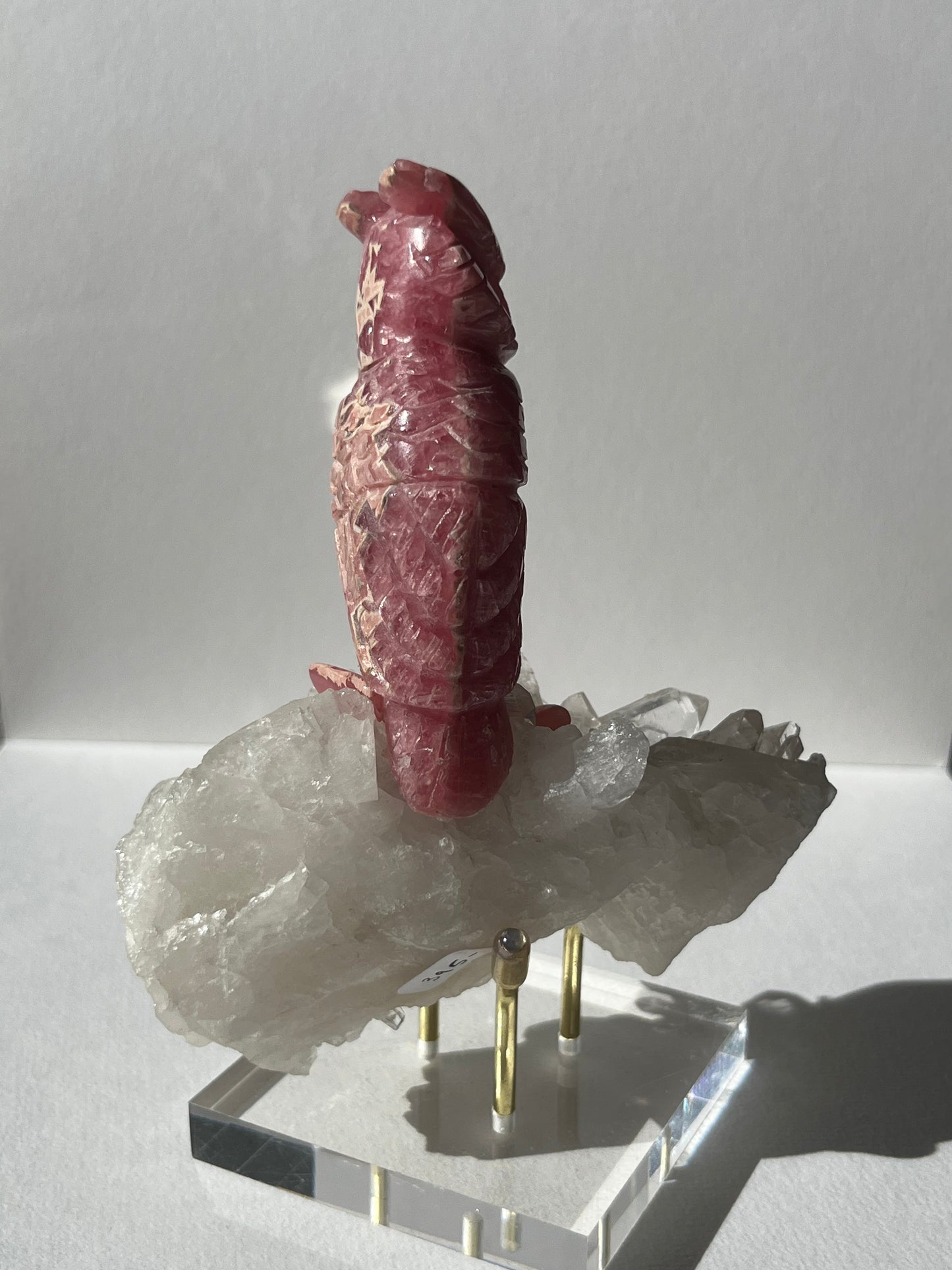 “Uatu” Gemmy Rhodochrosite Owl Carving on Quartz Cluster