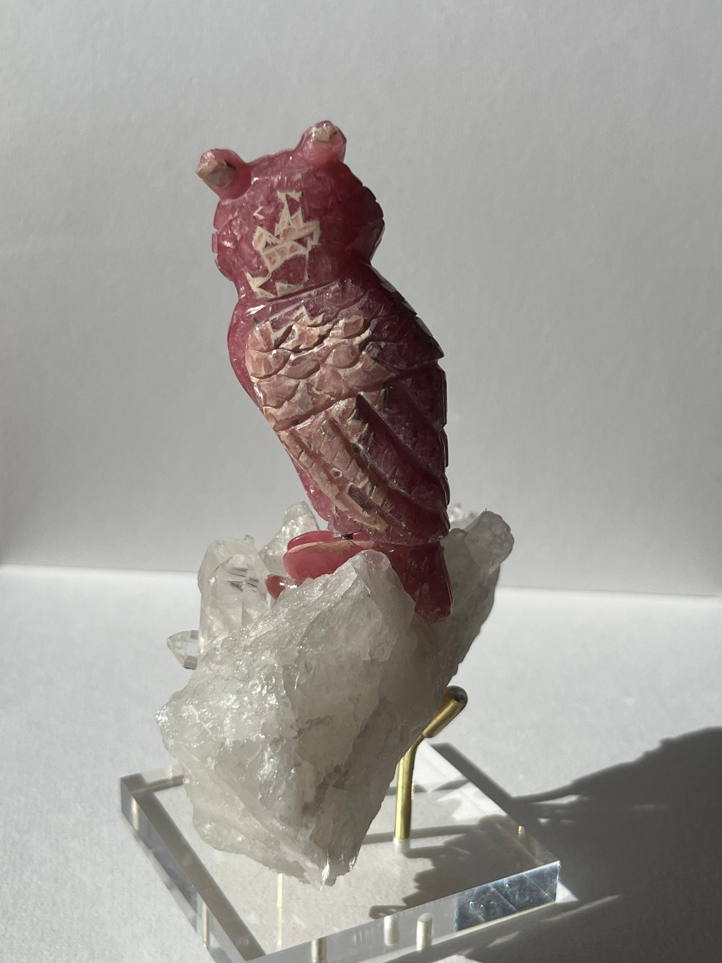 “Uatu” Gemmy Rhodochrosite Owl Carving on Quartz Cluster