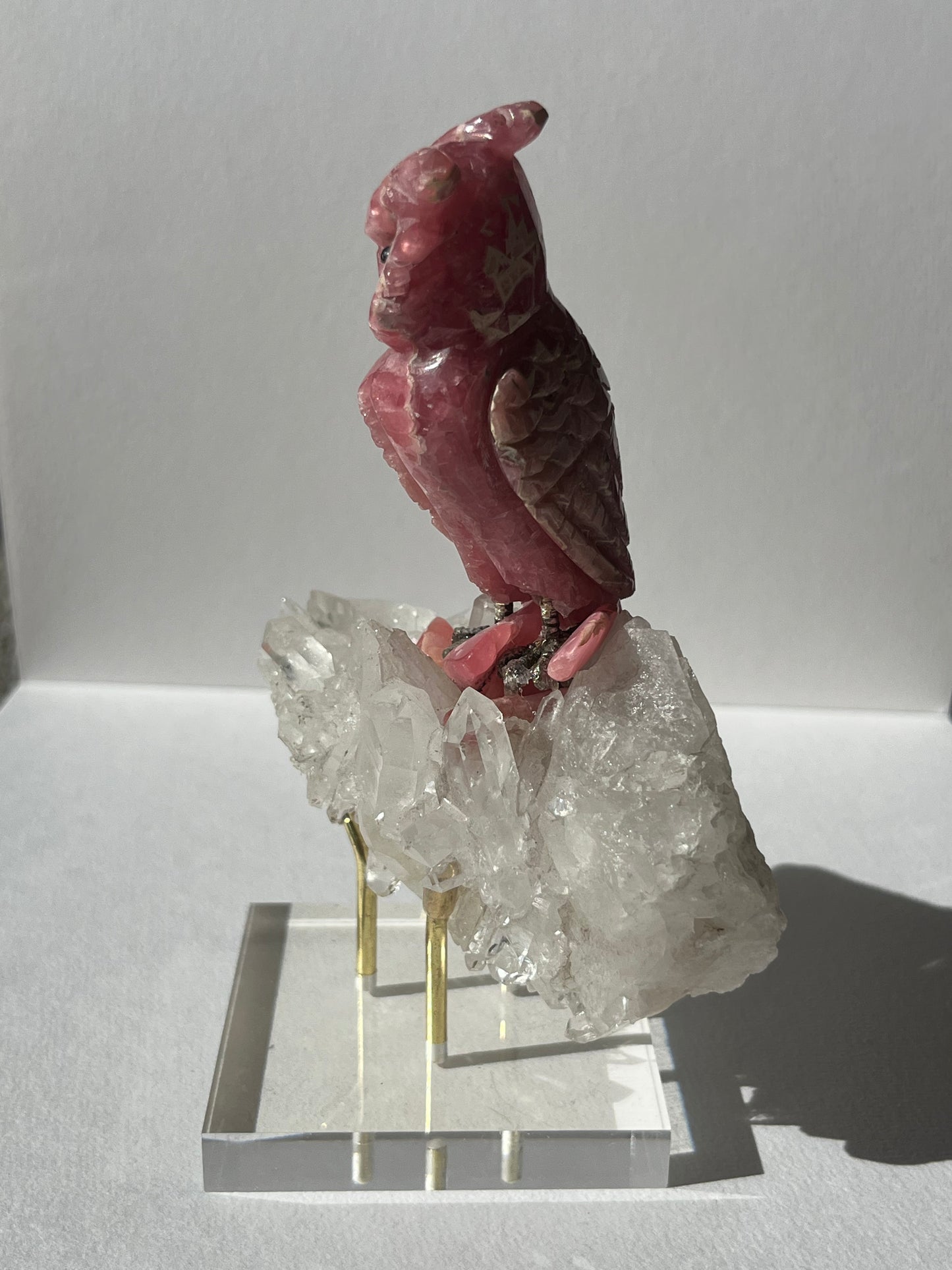 “Uatu” Gemmy Rhodochrosite Owl Carving on Quartz Cluster