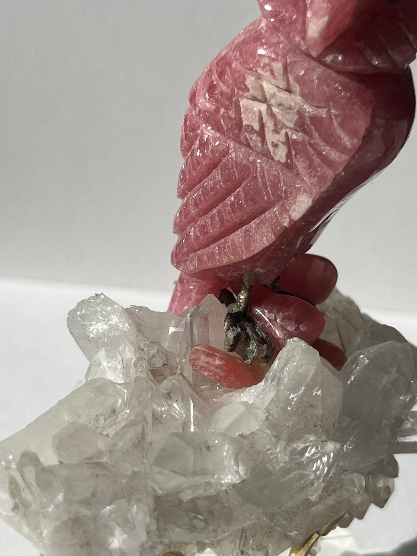 “Uatu” Gemmy Rhodochrosite Owl Carving on Quartz Cluster