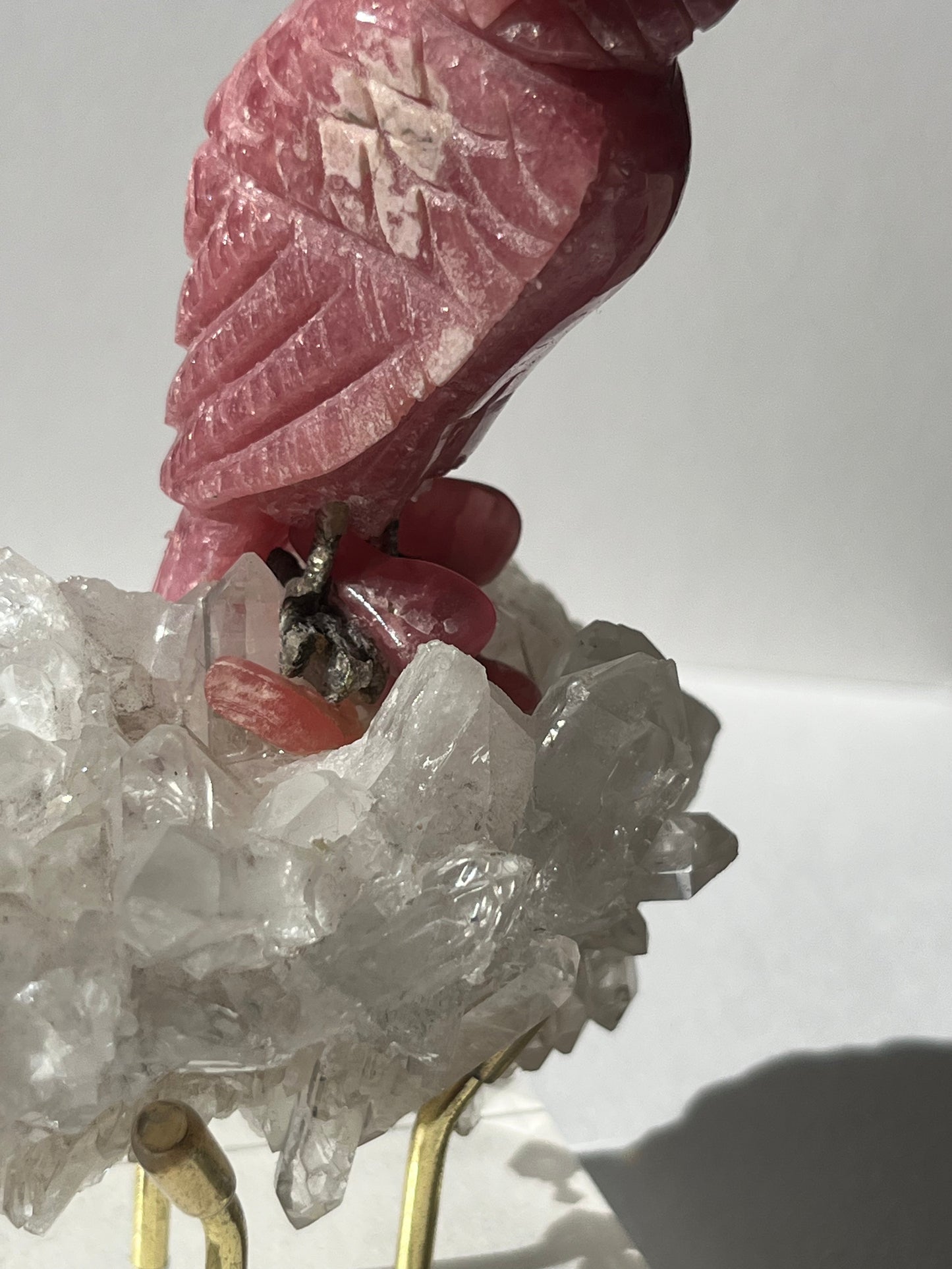 “Uatu” Gemmy Rhodochrosite Owl Carving on Quartz Cluster