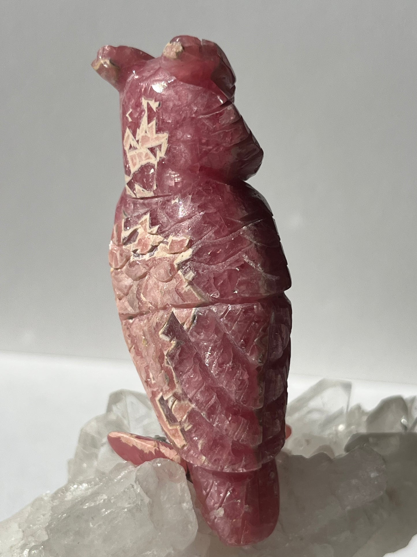 “Uatu” Gemmy Rhodochrosite Owl Carving on Quartz Cluster