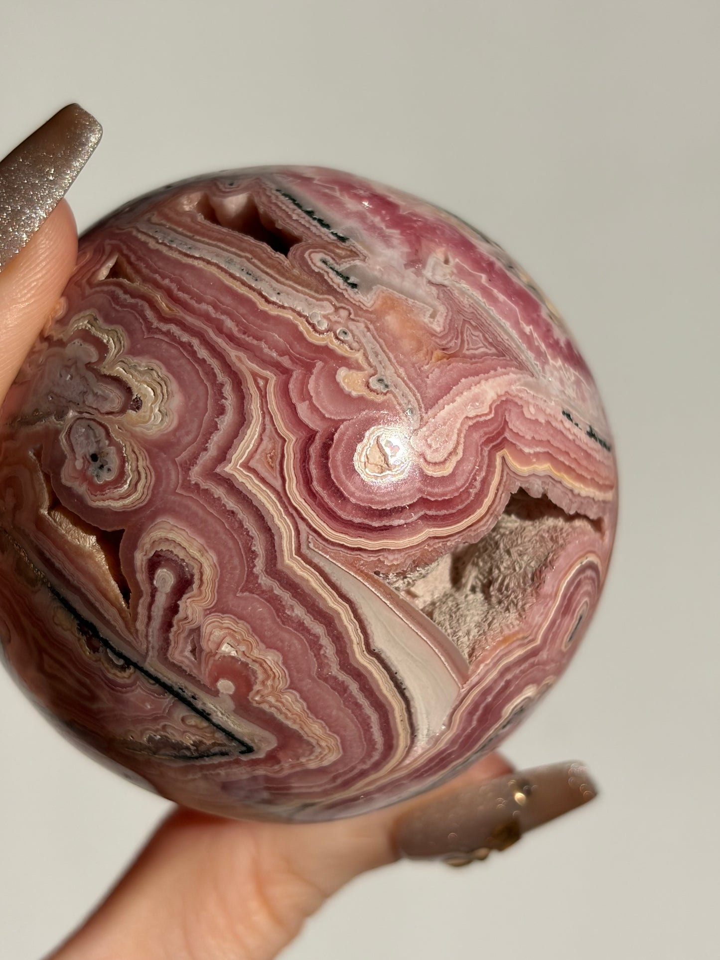 “Veins of Rose” Floral Banded Rhodochrosite Sphere B