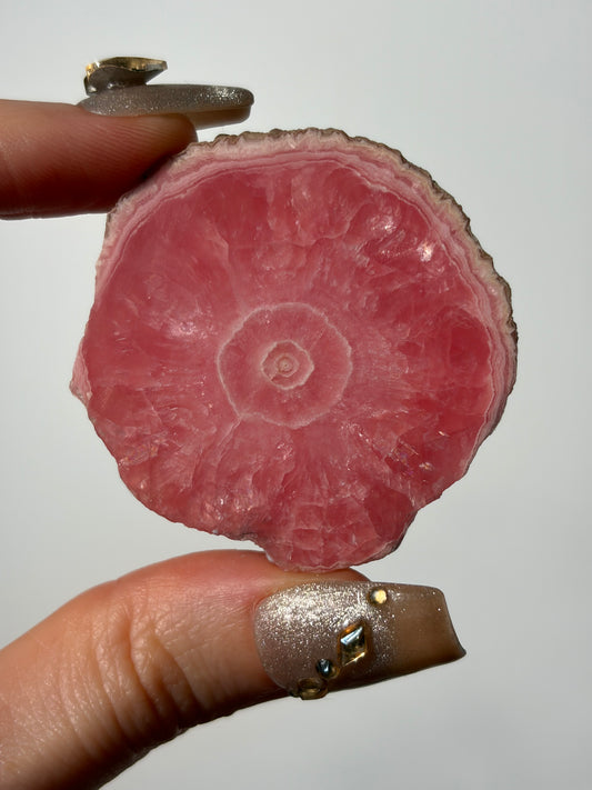 1980s Ortiz Vein Rhodochrosite Single Eye Stalactite Slice E