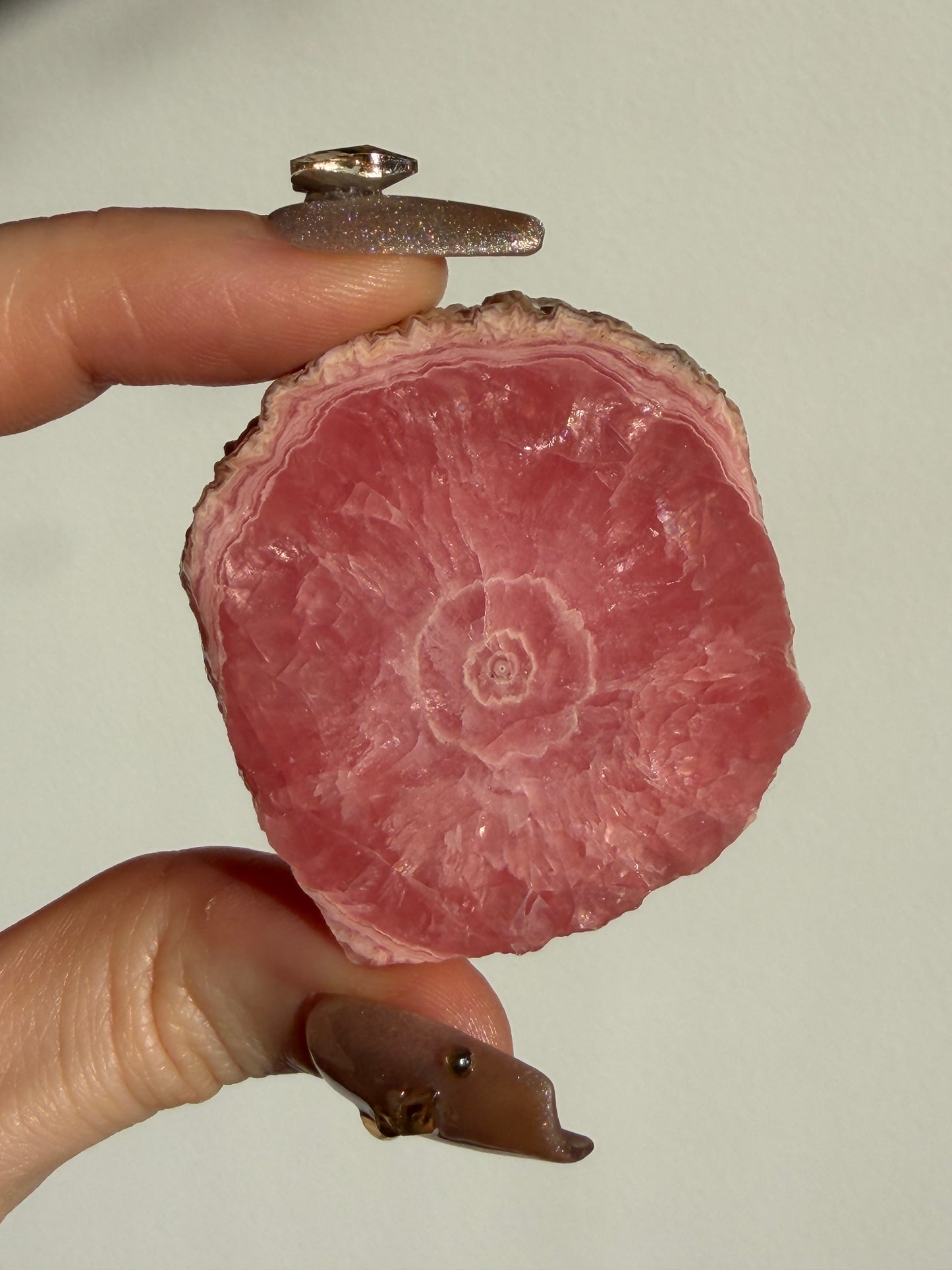 1980s Ortiz Vein Rhodochrosite Single Eye Stalactite Slice A