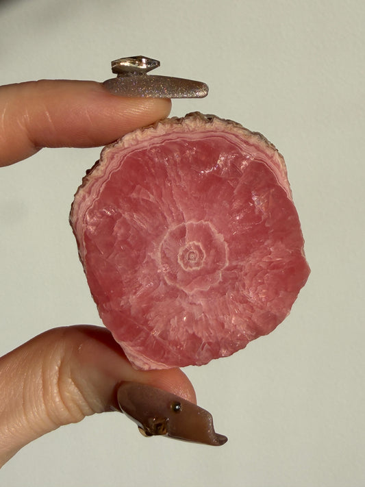1980s Ortiz Vein Rhodochrosite Single Eye Stalactite Slice A