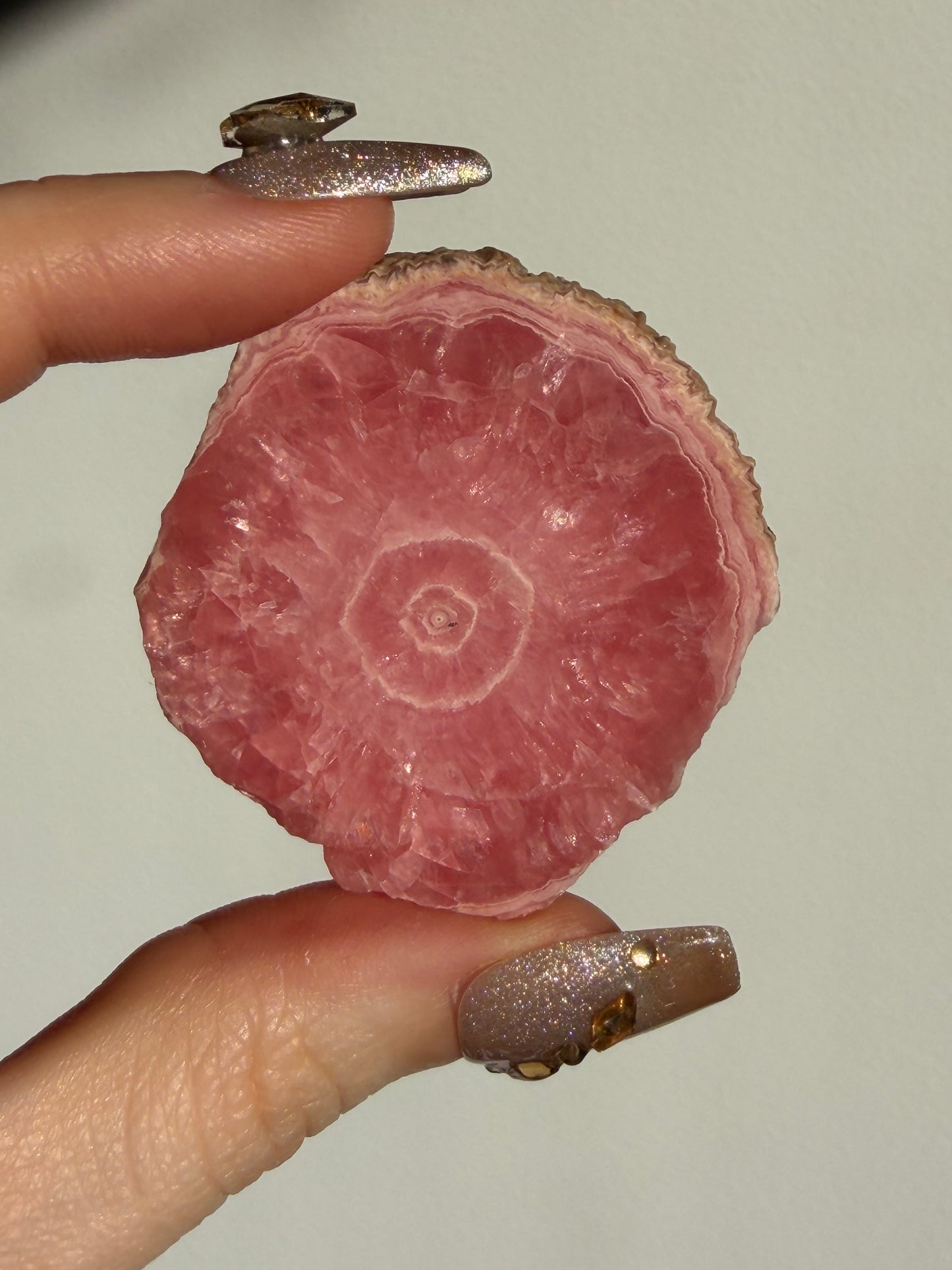1980s Ortiz Vein Rhodochrosite Single Eye Stalactite Slice A