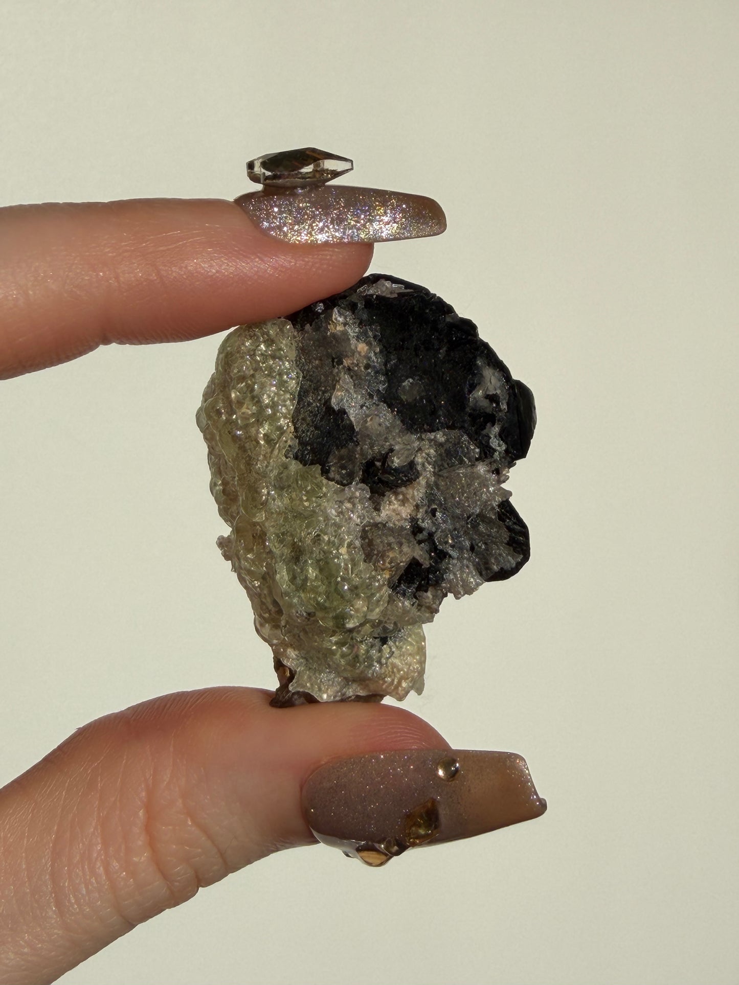 Hyalite Opal with Schorl Black Tourmaline Specimen