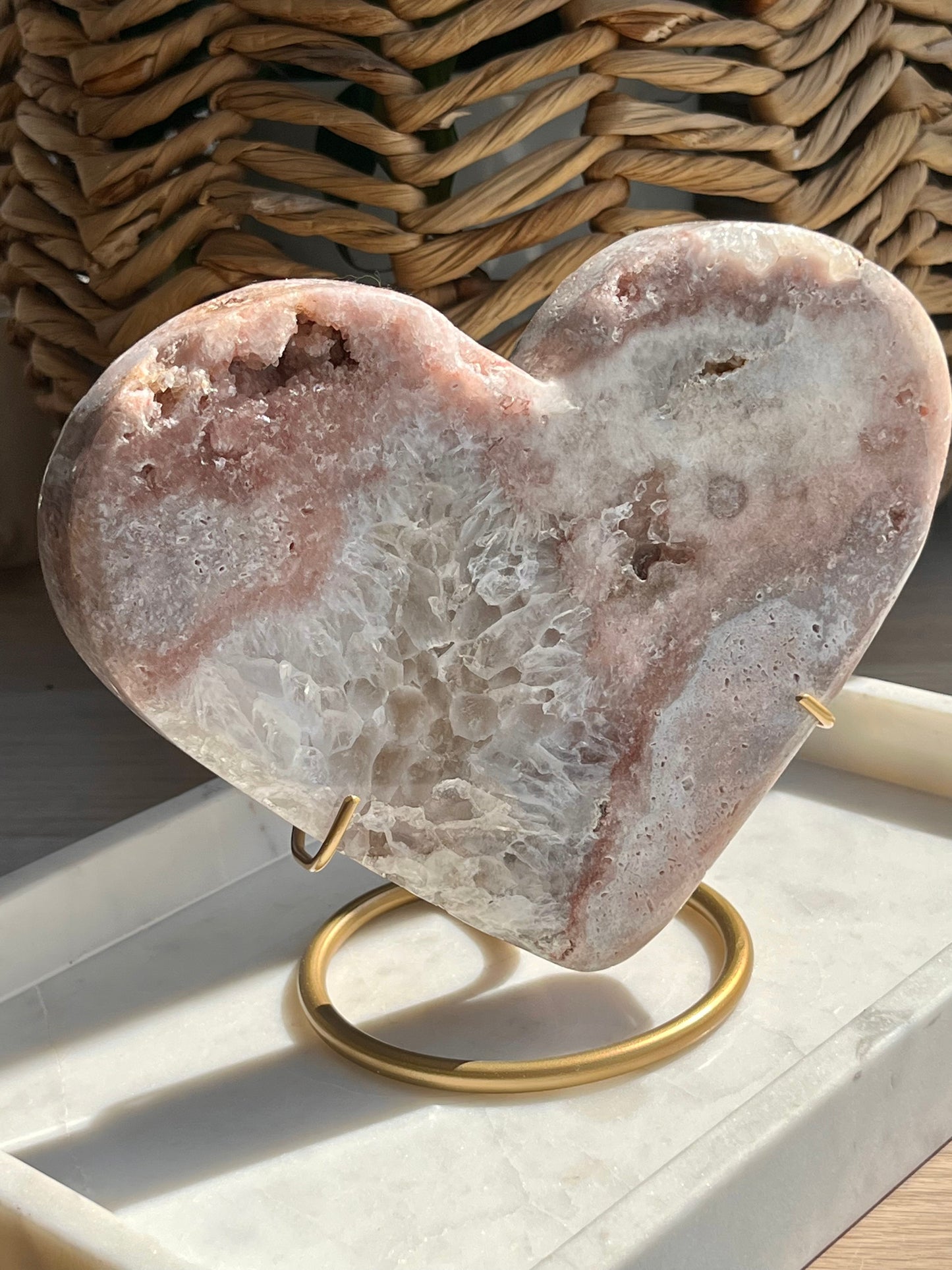 XL Druzy Pink Amethyst w/Quartz Heart Carving on Gold Metal Stand