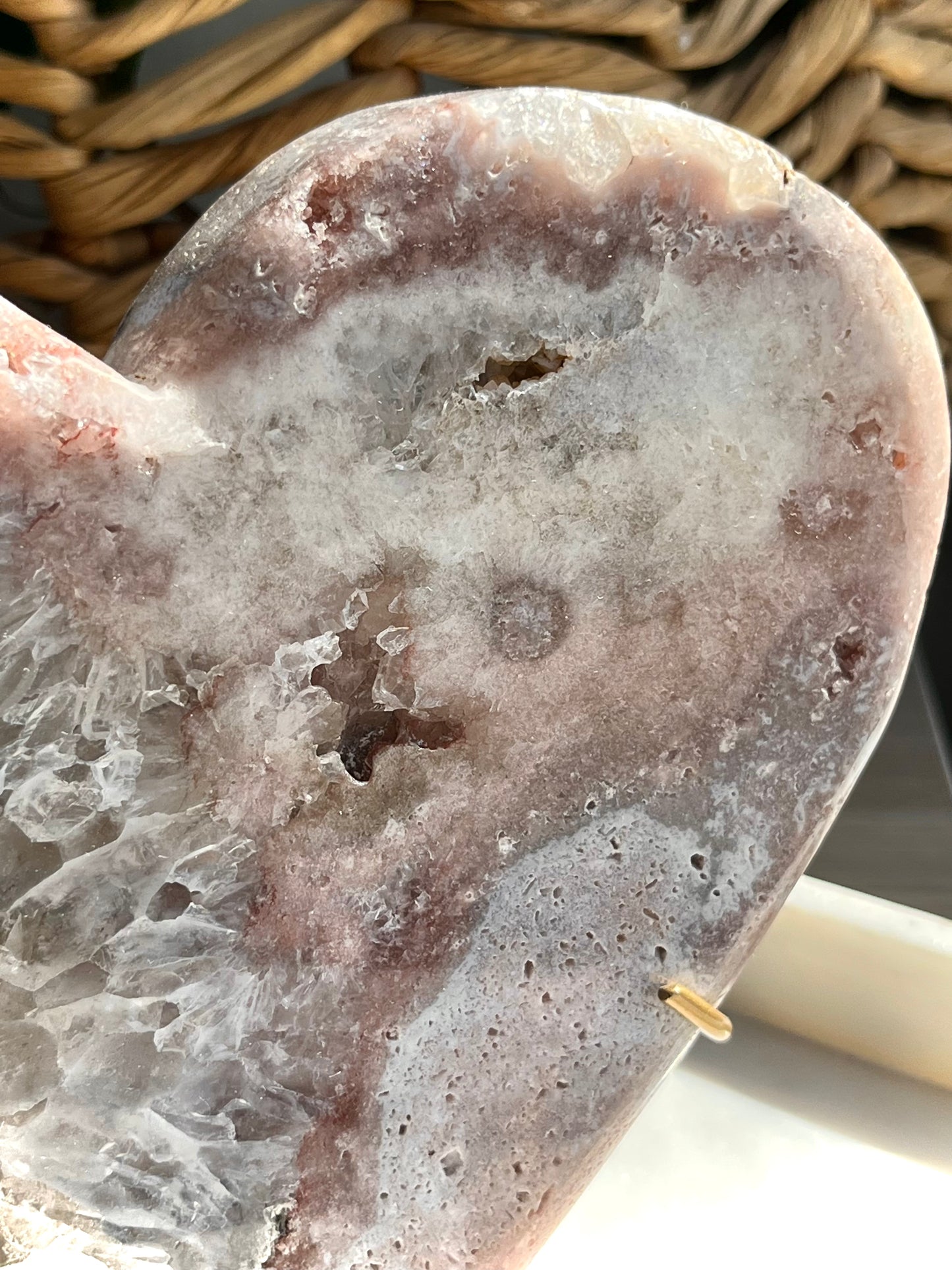 XL Druzy Pink Amethyst w/Quartz Heart Carving on Gold Metal Stand